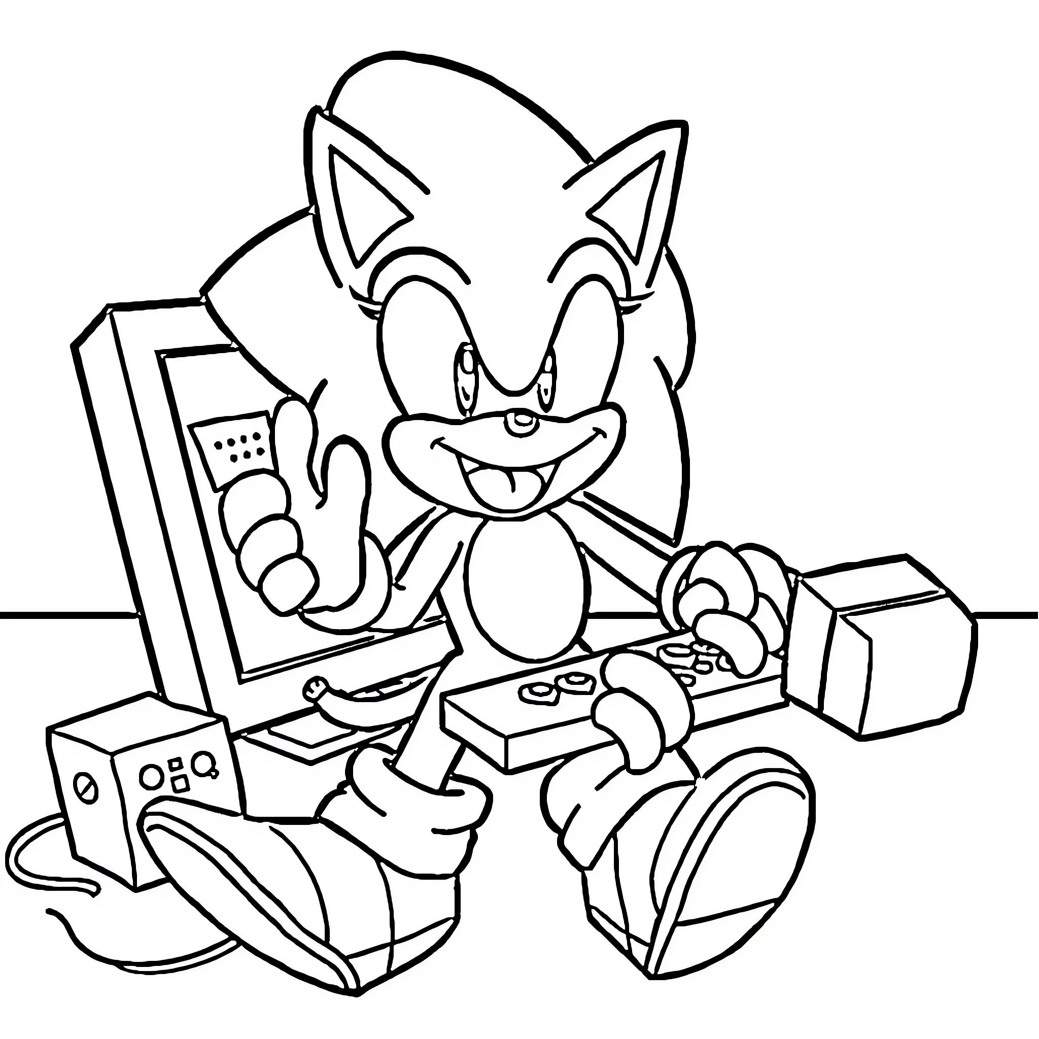 Sonic enjoying video games and gaming consoles Coloring Page (free black-and-white line drawing printable PDF for all, from beginners to advanced learners, including children, teens, adults, and seniors)