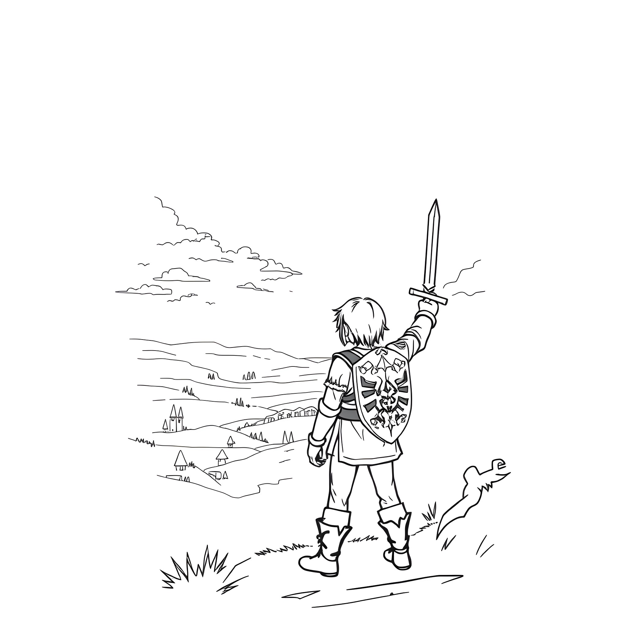 Link facing the horizon with sword drawn Coloring Page (free black-and-white line drawing printable PDF for all, from beginners to advanced learners, including children, teens, adults, and seniors)