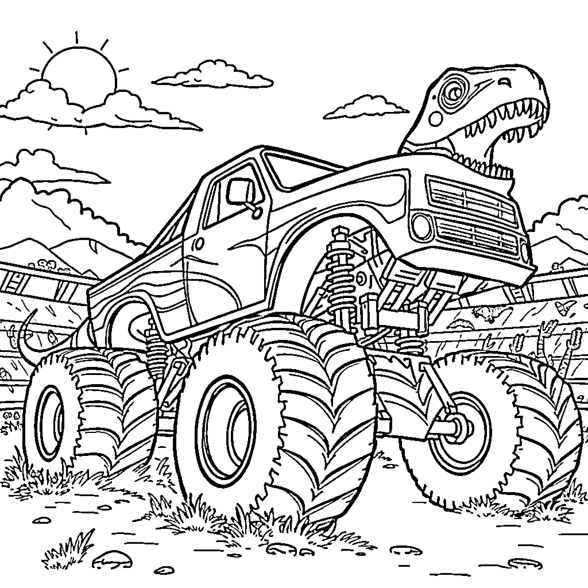 Monster Truck Crushing through Rugged Terrain Coloring Page (free black-and-white line drawing printable PDF for all, from beginners to advanced learners, including children, teens, adults, and seniors)