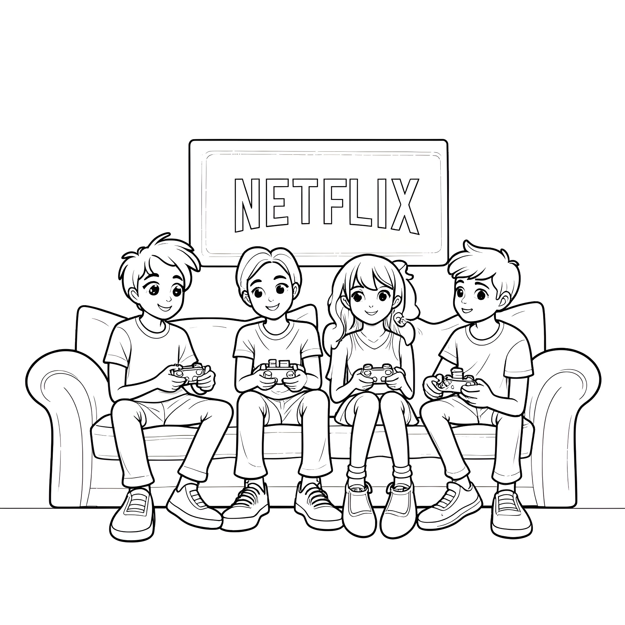 Teens enjoying Netflix on the couch Coloring Page (free black-and-white line drawing printable PDF for all, from beginners to advanced learners, including children, teens, adults, and seniors)