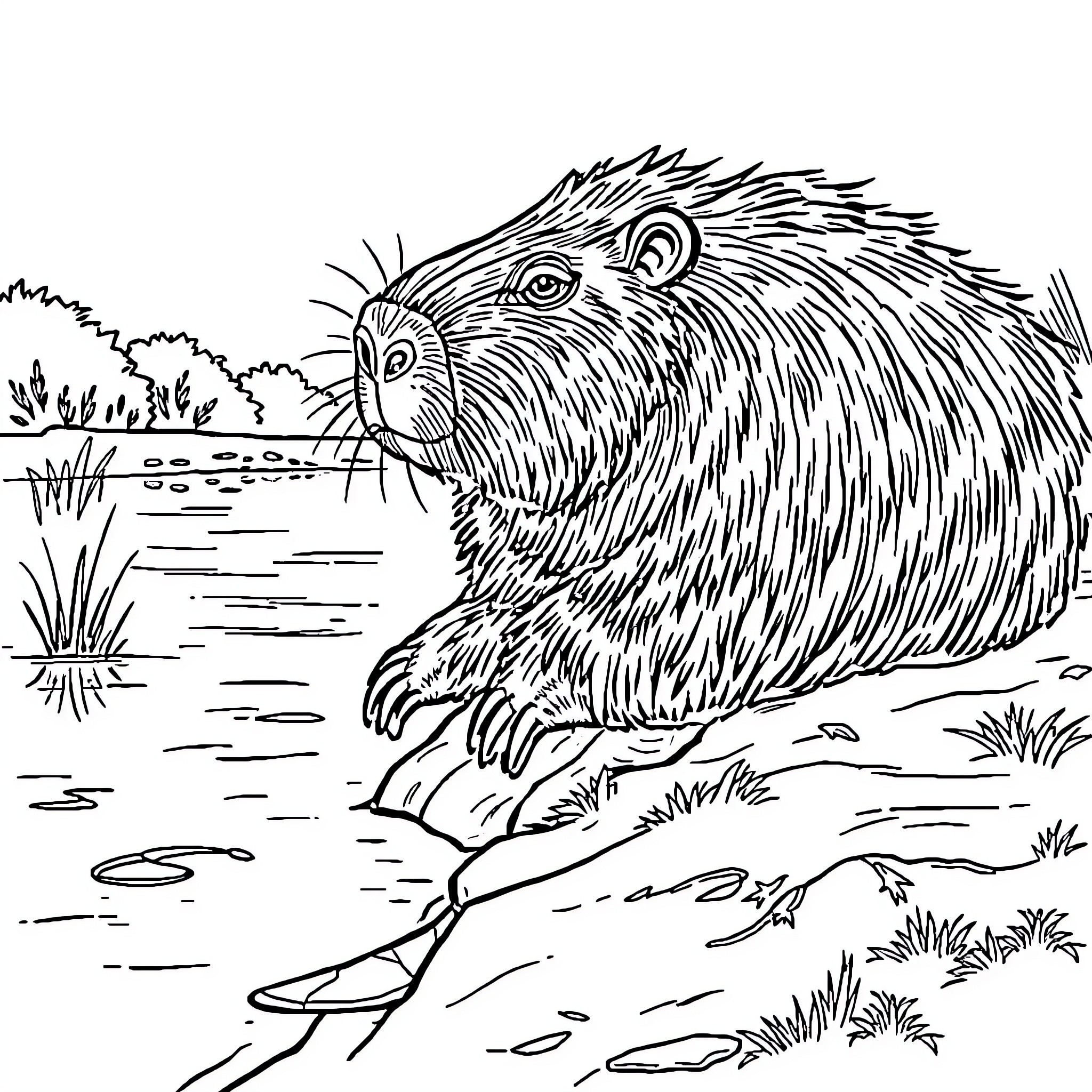 Capybara enjoying a tranquil pond scene Coloring Page (free black-and-white line drawing printable PDF for all, from beginners to advanced learners, including children, teens, adults, and seniors)