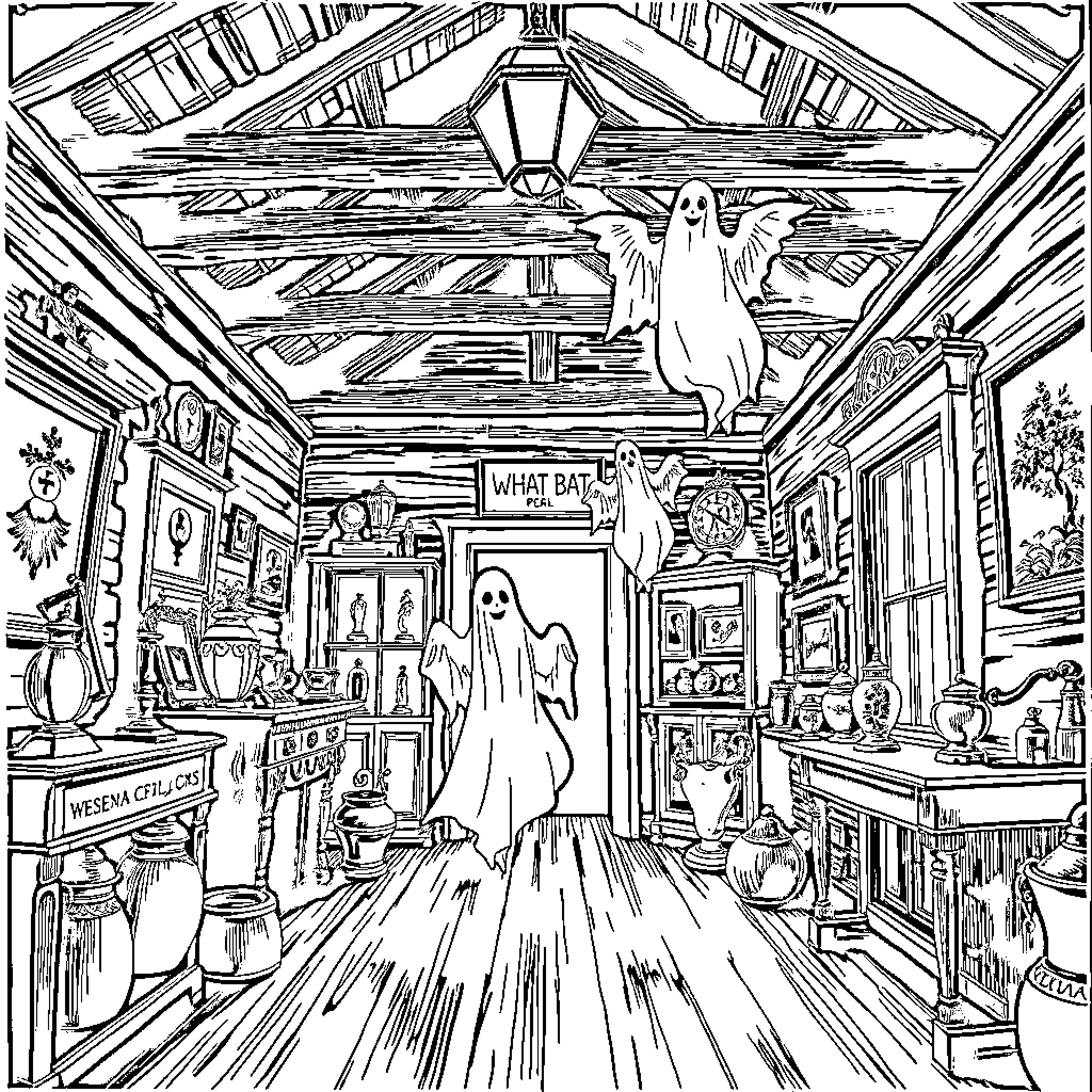 Spirit of the Haunted House Revealed Coloring Page (free black-and-white line drawing printable PDF for all, from beginners to advanced learners, including children, teens, adults, and seniors)
