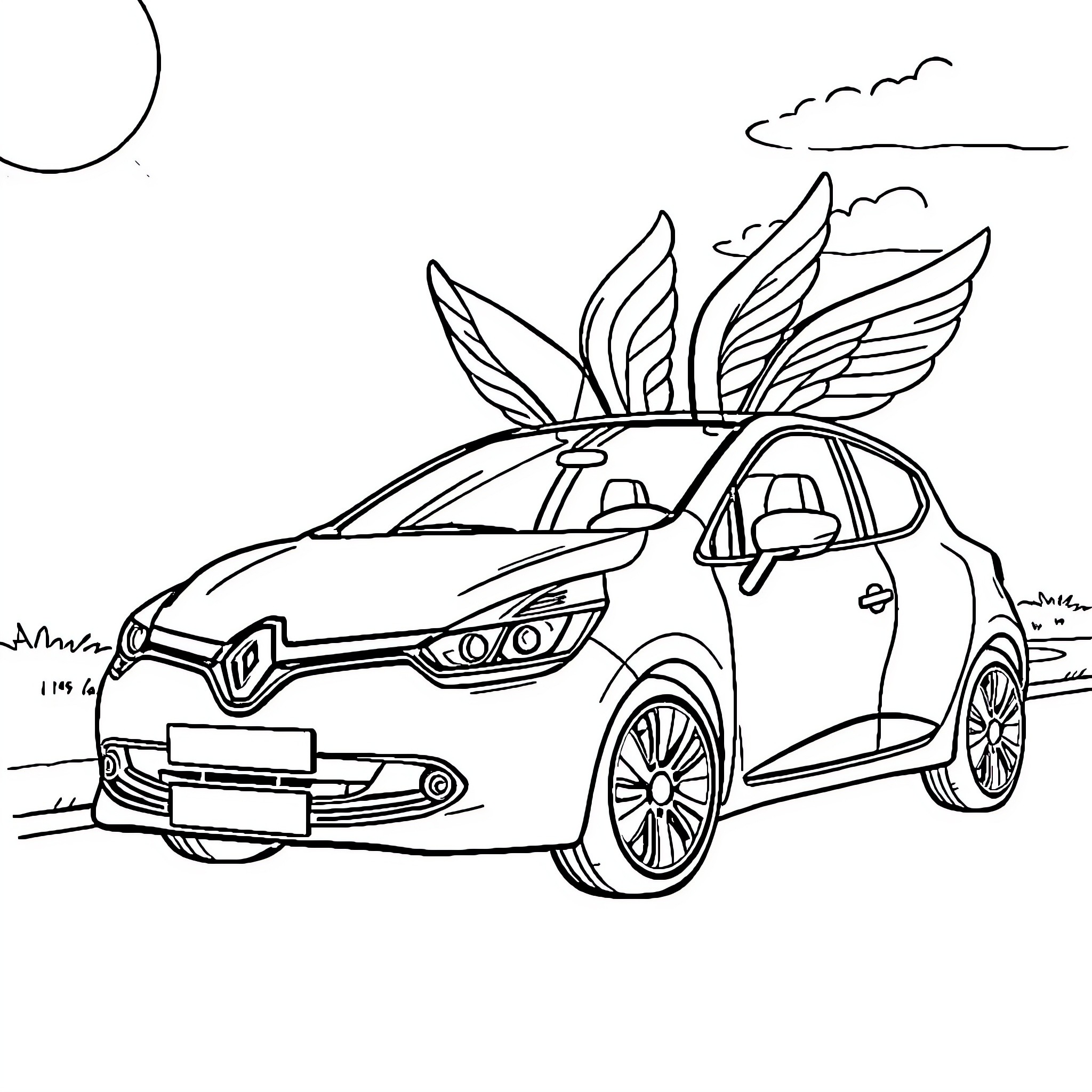 Clio's Winged Vehicle Adventure Coloring Page (free black-and-white line drawing printable PDF for all, from beginners to advanced learners, including children, teens, adults, and seniors)