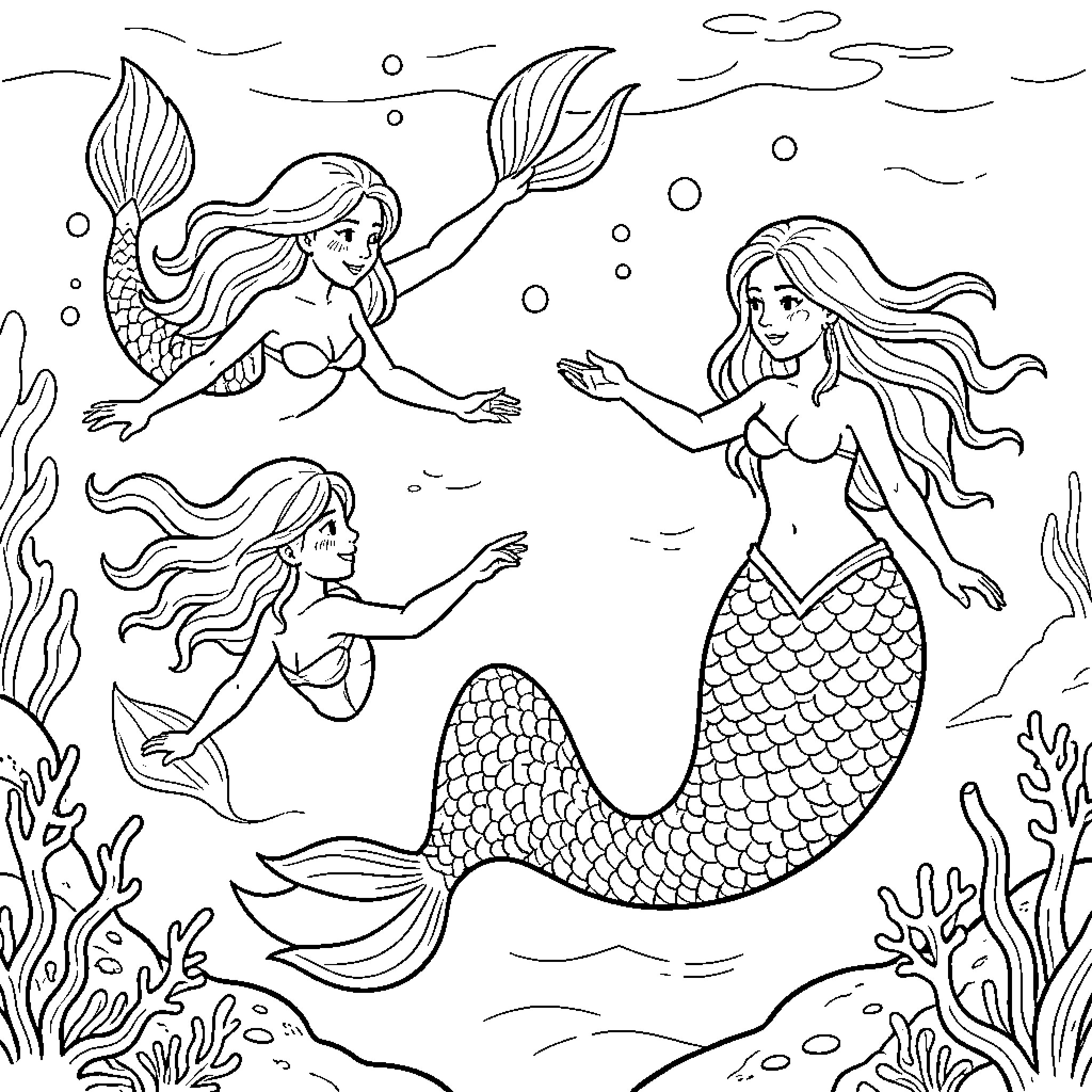 Mermaid friends swimming together through an underwater scene Coloring Page (free black-and-white line drawing printable PDF for all, from beginners to advanced learners, including children, teens, adults, and seniors)