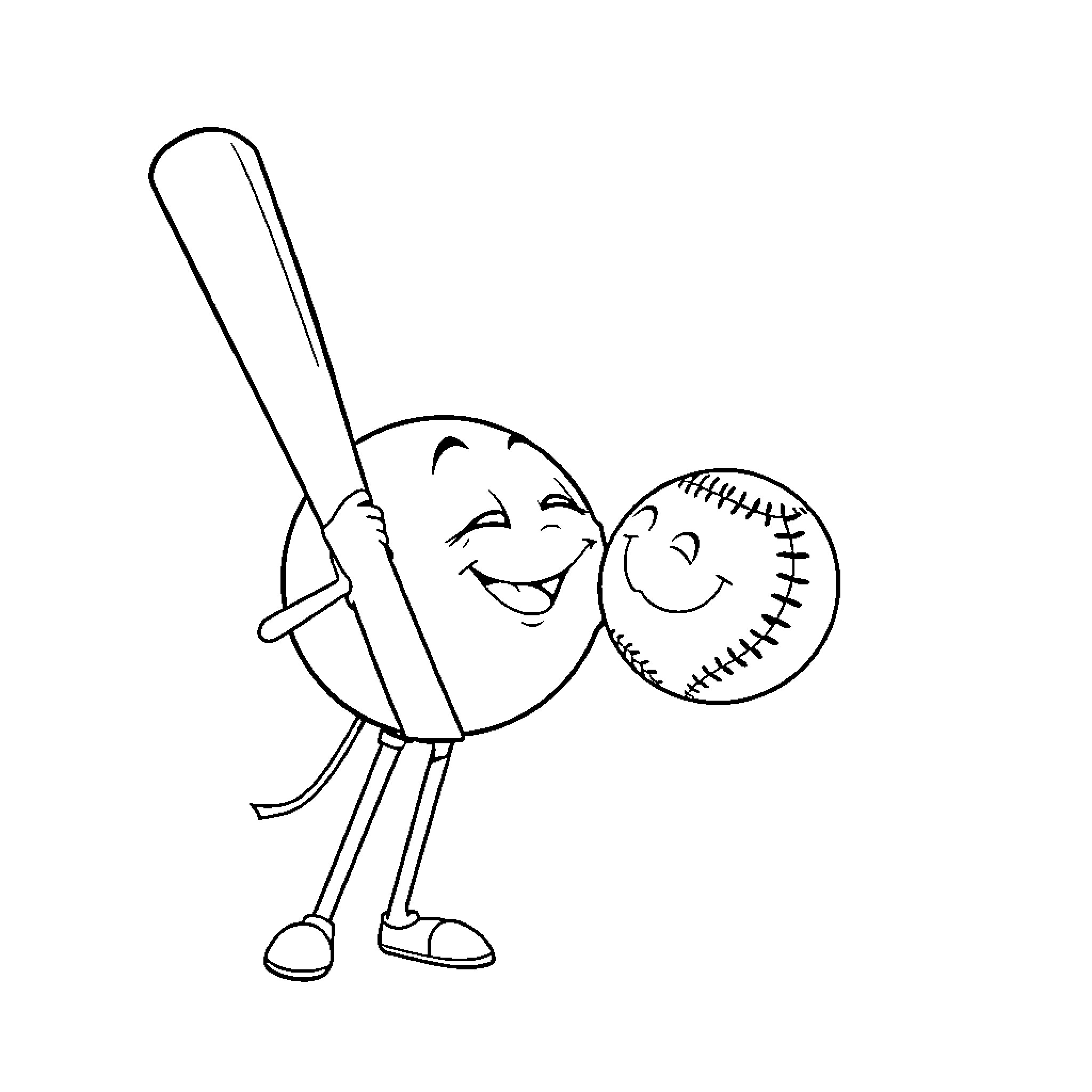 Baseball Bat Enjoying Game with Cheerful Ball Coloring Page (free black-and-white line drawing printable PDF for all, from beginners to advanced learners, including children, teens, adults, and seniors)