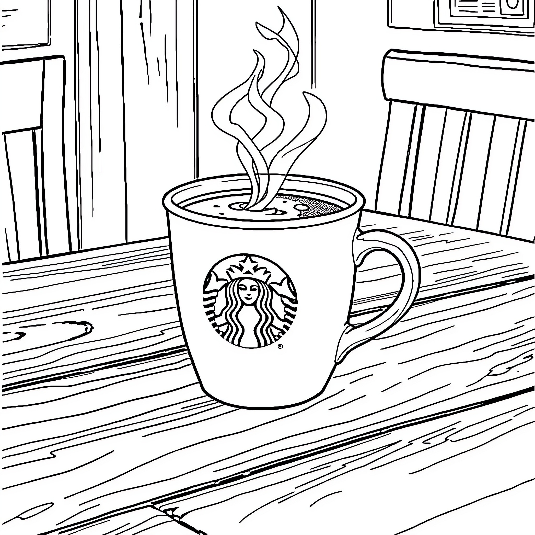 Starbucks Coffee cup steaming on wooden table Coloring Page (free black-and-white line drawing printable PDF for all, from beginners to advanced learners, including children, teens, adults, and seniors)