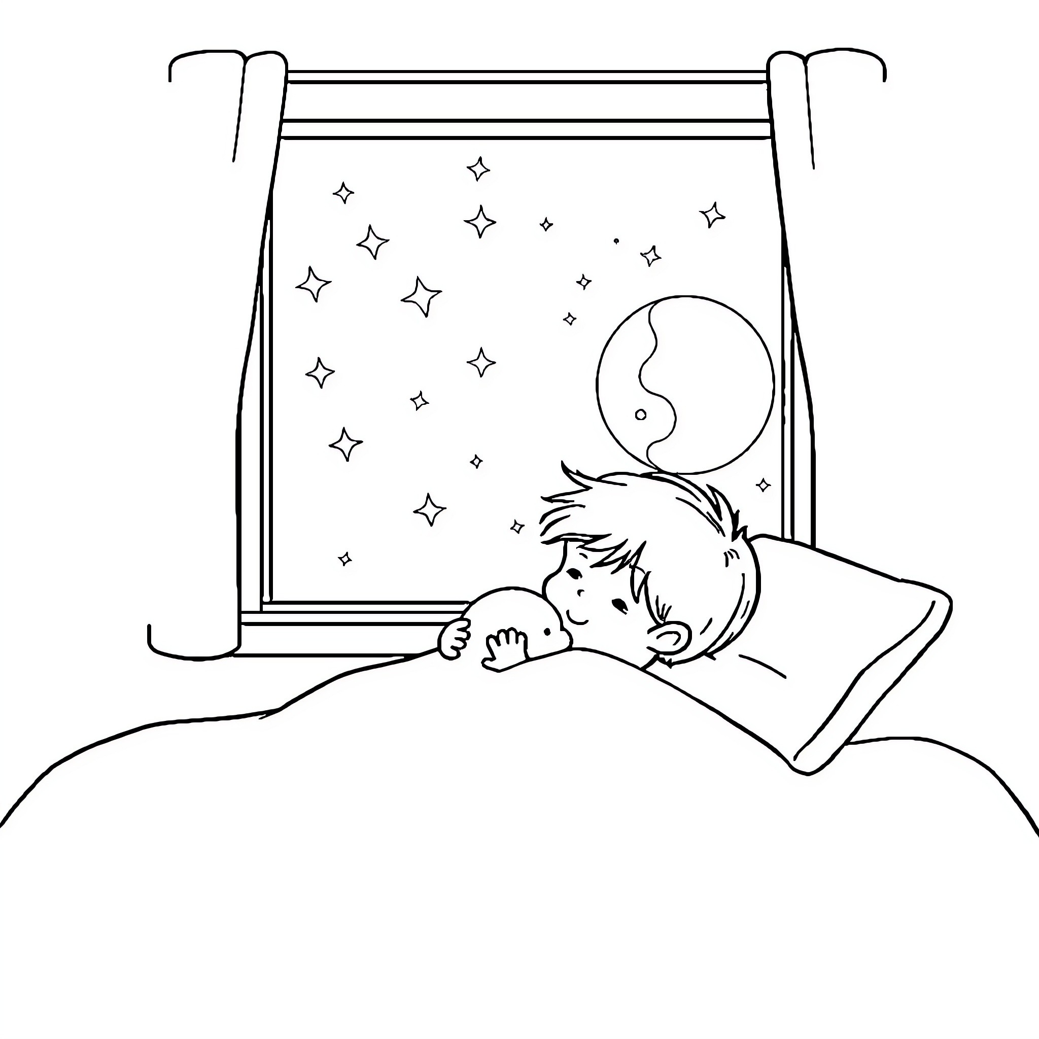 Child dreaming under starry night sky Coloring Page (free black-and-white line drawing printable PDF for all, from beginners to advanced learners, including children, teens, adults, and seniors)