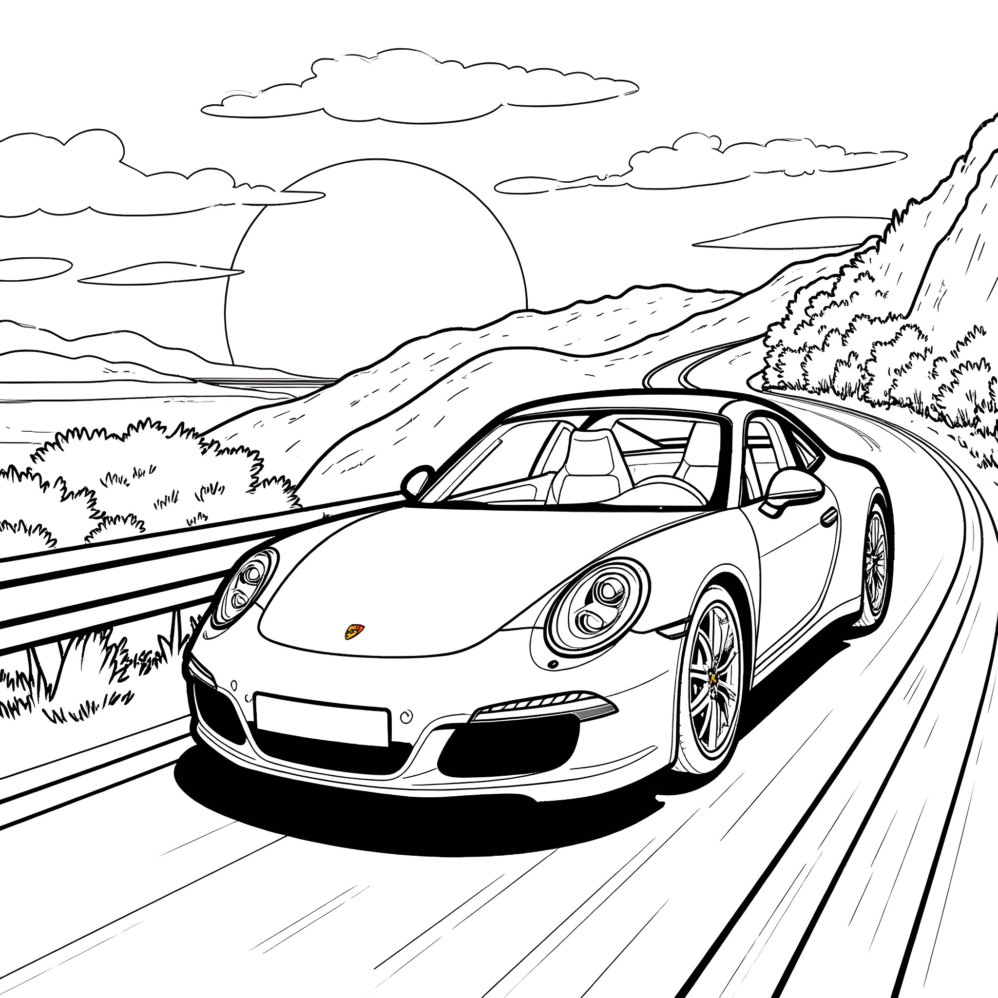 Porsche sports car racing through scenic landscape Coloring Page (free black-and-white line drawing printable PDF for all, from beginners to advanced learners, including children, teens, adults, and seniors)