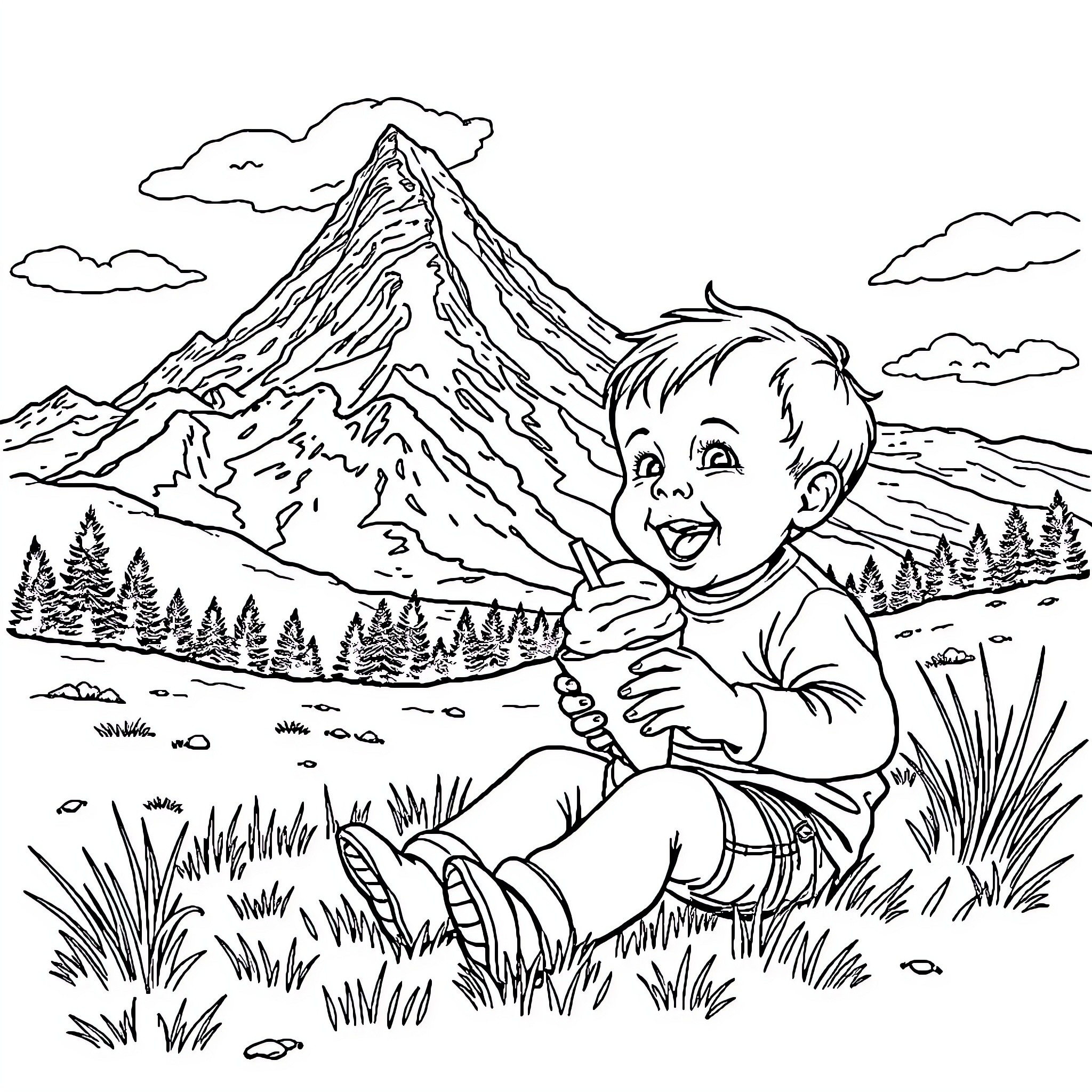 Baby Exploring the Mountain Landscape Coloring Page (free black-and-white line drawing printable PDF for all, from beginners to advanced learners, including children, teens, adults, and seniors)