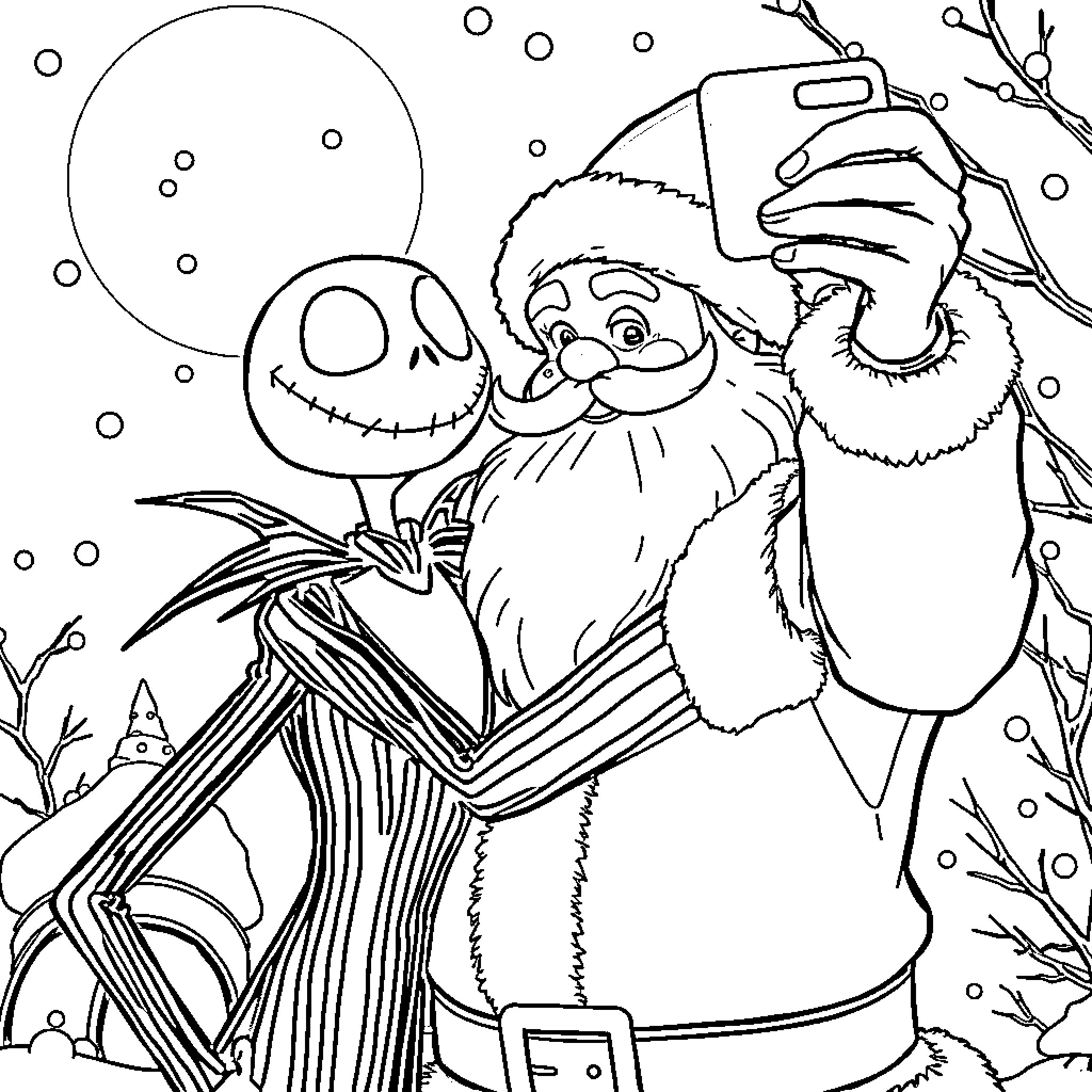 Jack Skellington posing with Santa Claus in winter wonderland Coloring Page (free black-and-white line drawing printable PDF for all, from beginners to advanced learners, including children, teens, adults, and seniors)