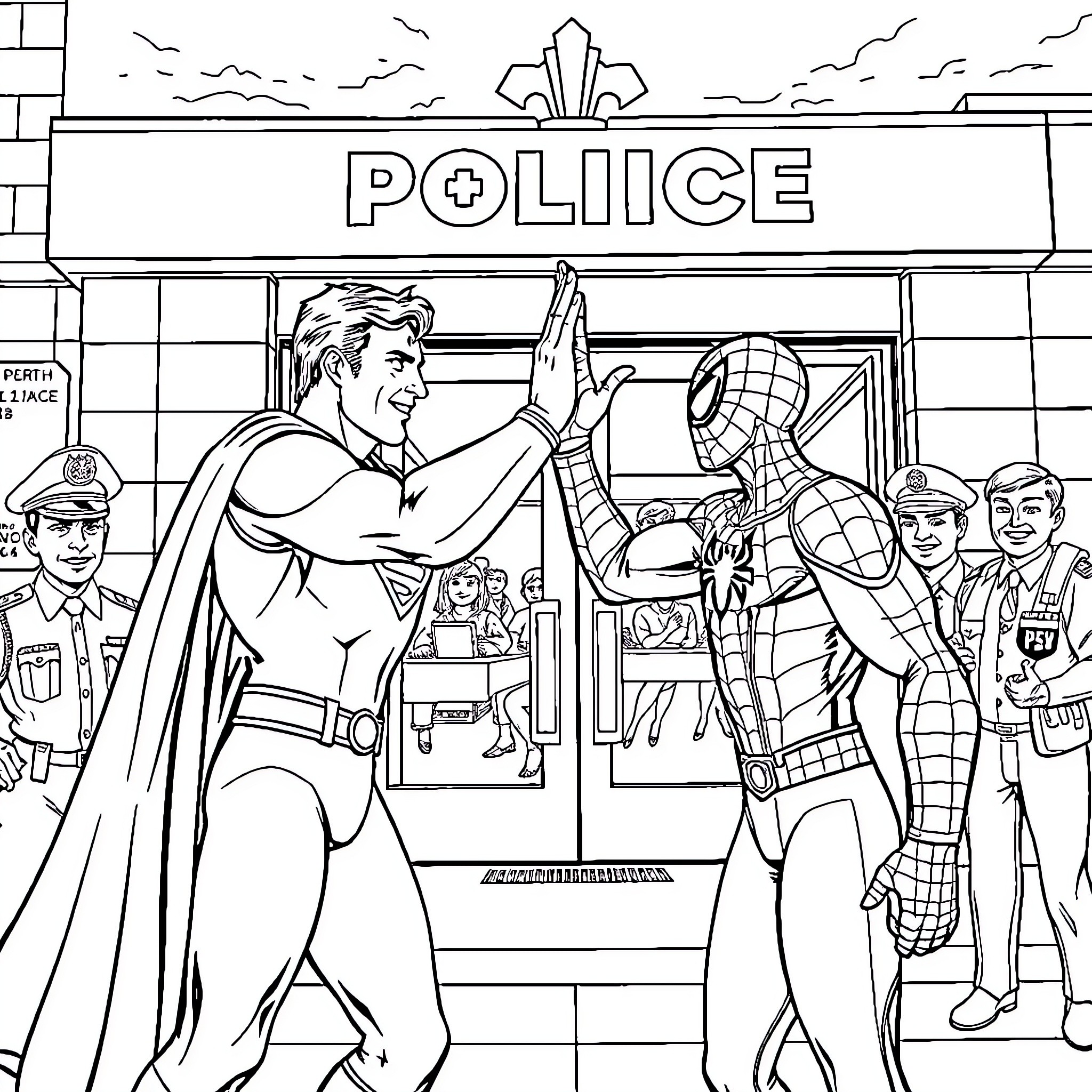Superhero Duo Confronting Adversaries at the Police Station Coloring Page (free black-and-white line drawing printable PDF for all, from beginners to advanced learners, including children, teens, adults, and seniors)
