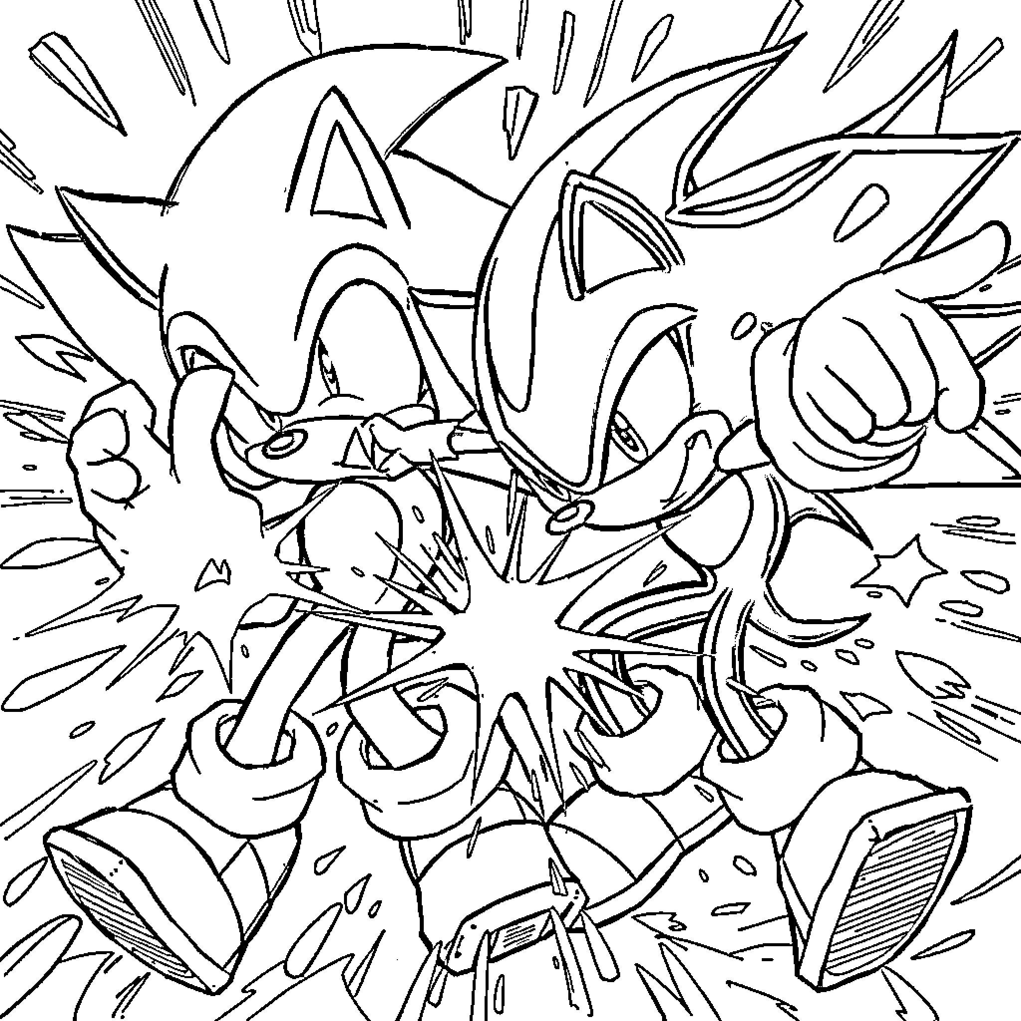 Sonic engaged in dynamic action scenes Coloring Page (free black-and-white line drawing printable PDF for all, from beginners to advanced learners, including children, teens, adults, and seniors)