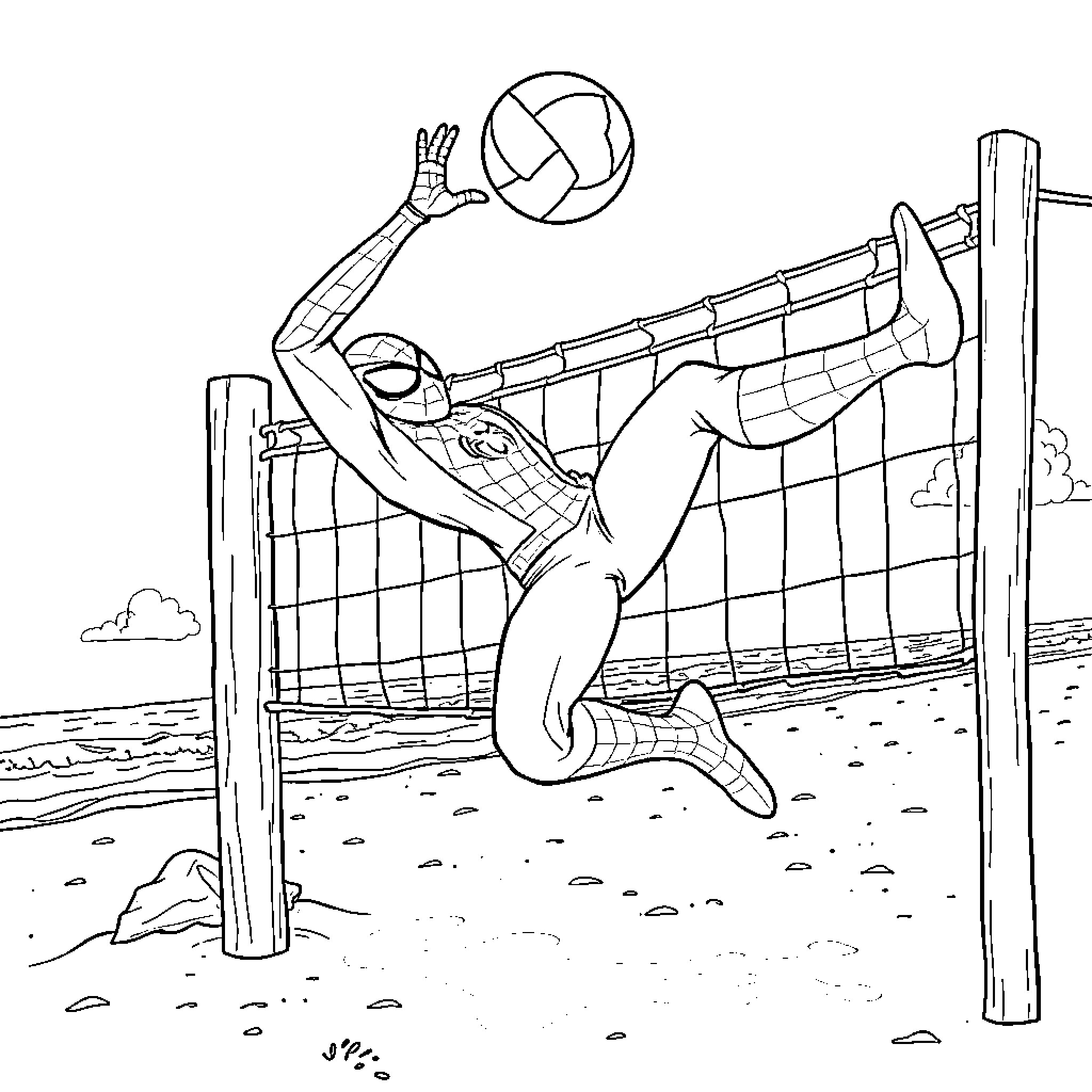 Spiderman playing volleyball at the beach Coloring Page (free black-and-white line drawing printable PDF for all, from beginners to advanced learners, including children, teens, adults, and seniors)