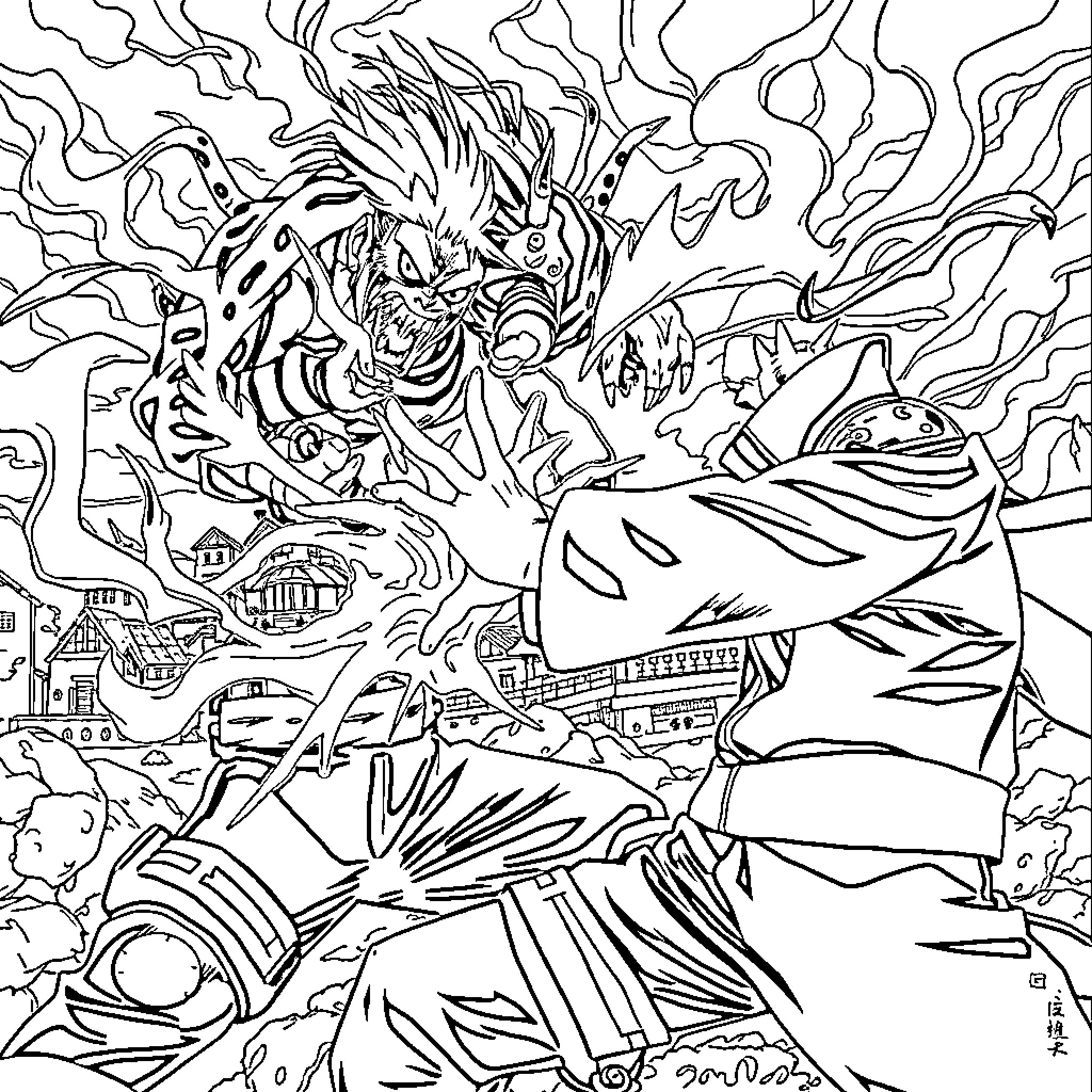 Naruto character in intense action scene Coloring Page (free black-and-white line drawing printable PDF for all, from beginners to advanced learners, including children, teens, adults, and seniors)