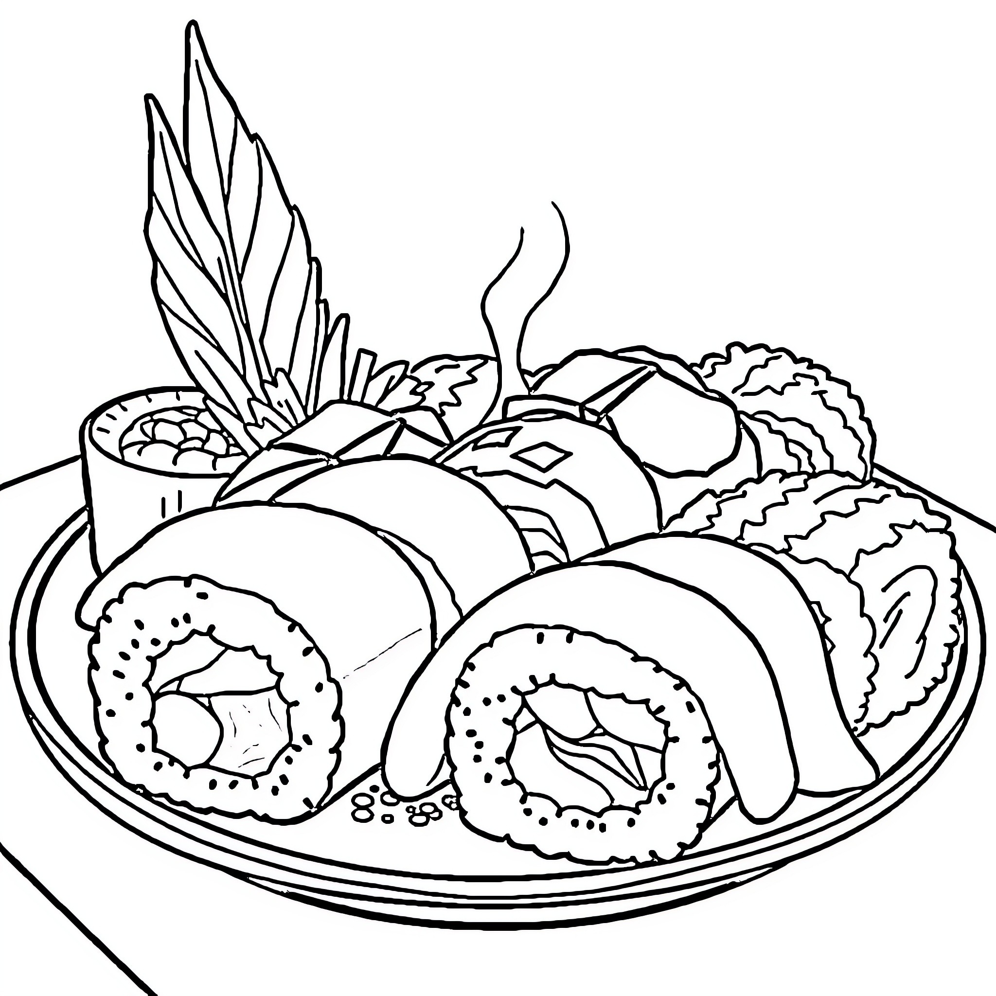Sushi platter with various rolls and garnishes Coloring Page (free black-and-white line drawing printable PDF for all, from beginners to advanced learners, including children, teens, adults, and seniors)