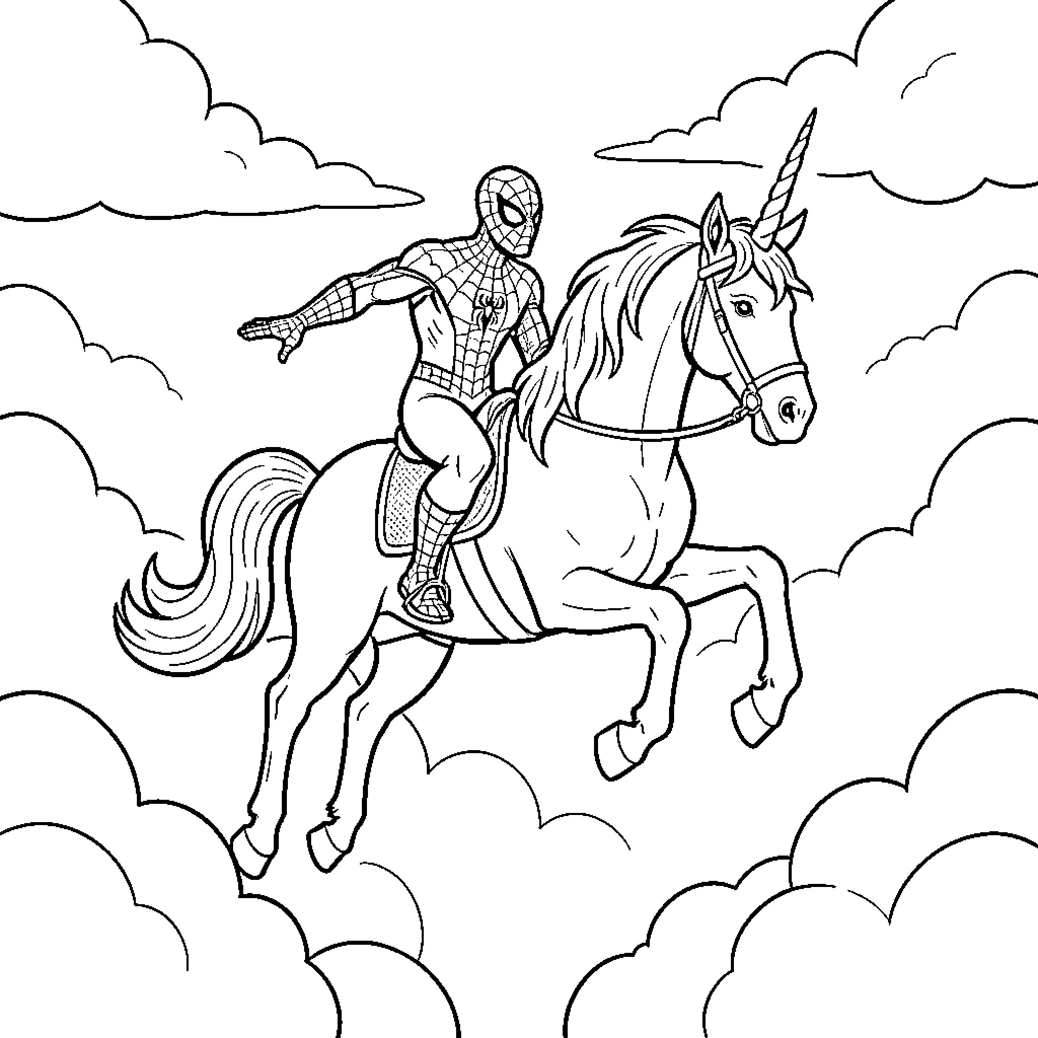 Spiderman Unicorn riding through the clouds Coloring Page (free black-and-white line drawing printable PDF for all, from beginners to advanced learners, including children, teens, adults, and seniors)