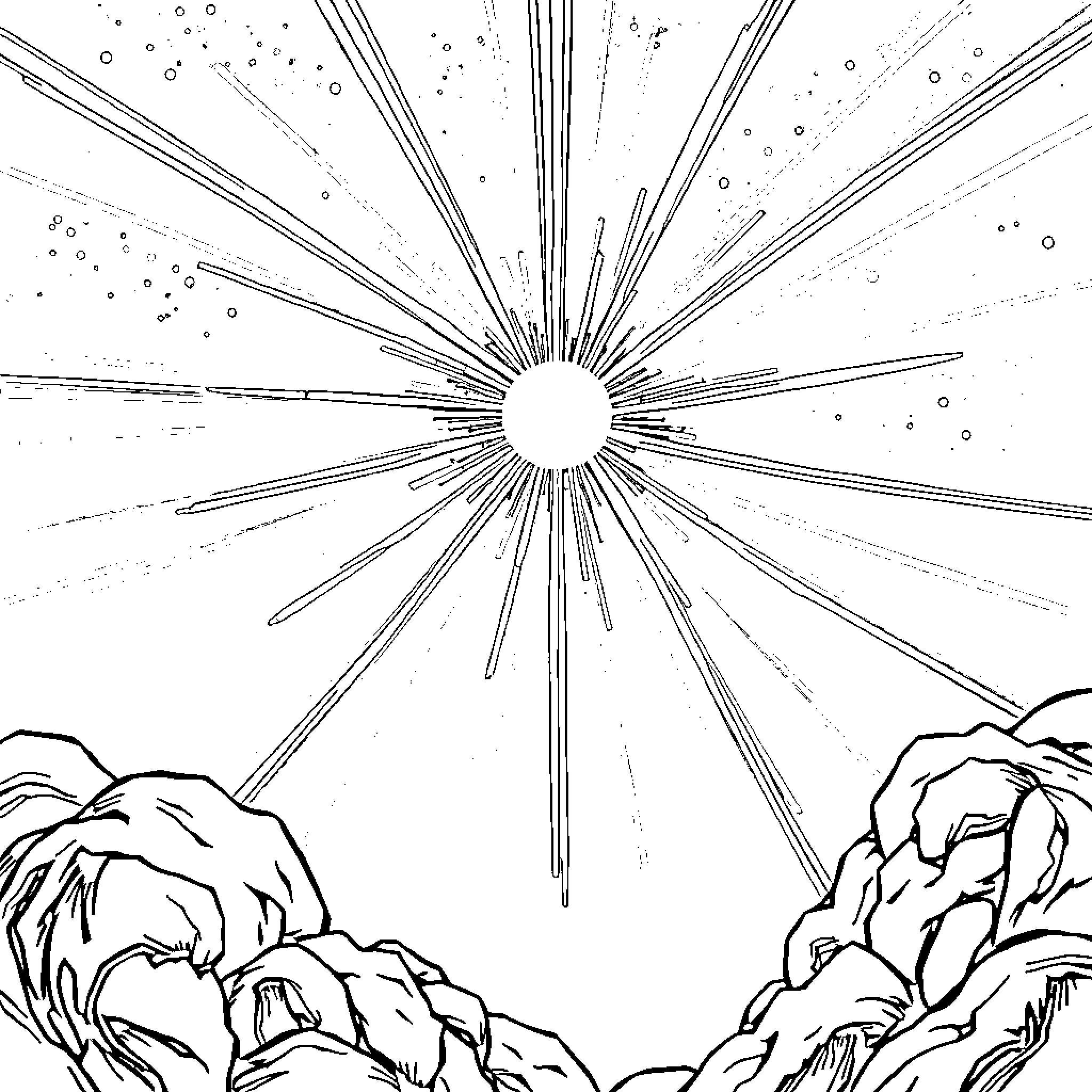 Light Bursting through Starry Mountainous Landscape Coloring Page (free black-and-white line drawing printable PDF for all, from beginners to advanced learners, including children, teens, adults, and seniors)