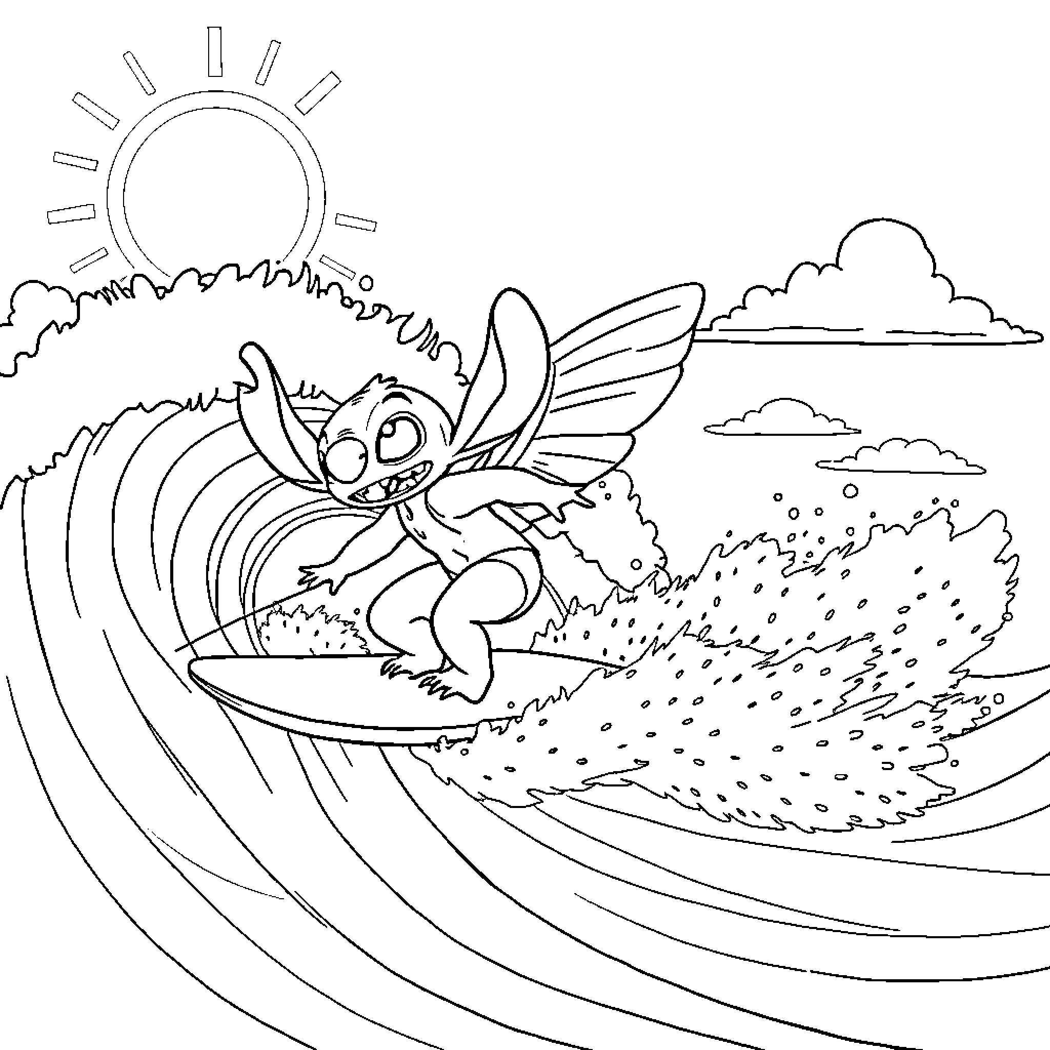 Angel Surfing Happily in the Waves Coloring Page (free black-and-white line drawing printable PDF for all, from beginners to advanced learners, including children, teens, adults, and seniors)