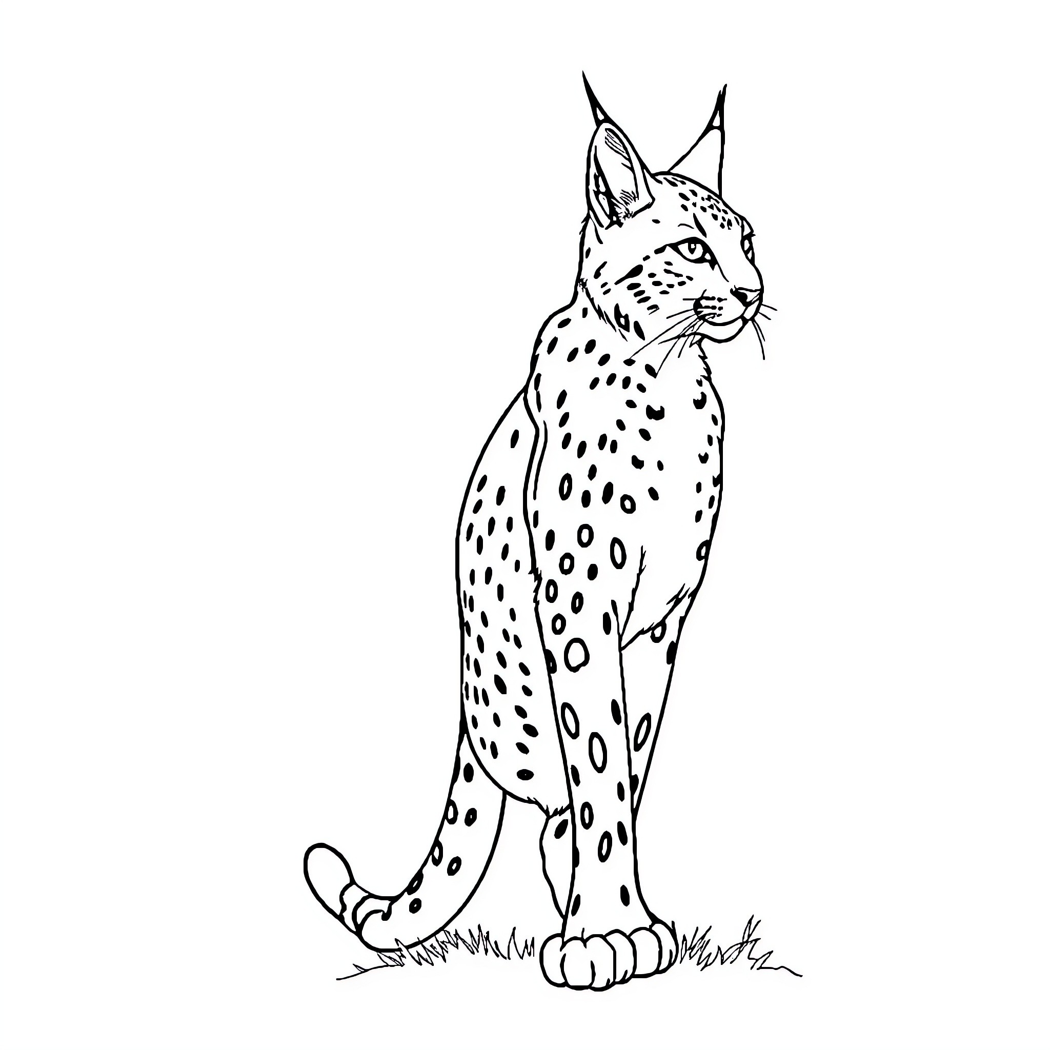 Lynx sitting alert on the ground Coloring Page (free black-and-white line drawing printable PDF for all, from beginners to advanced learners, including children, teens, adults, and seniors)