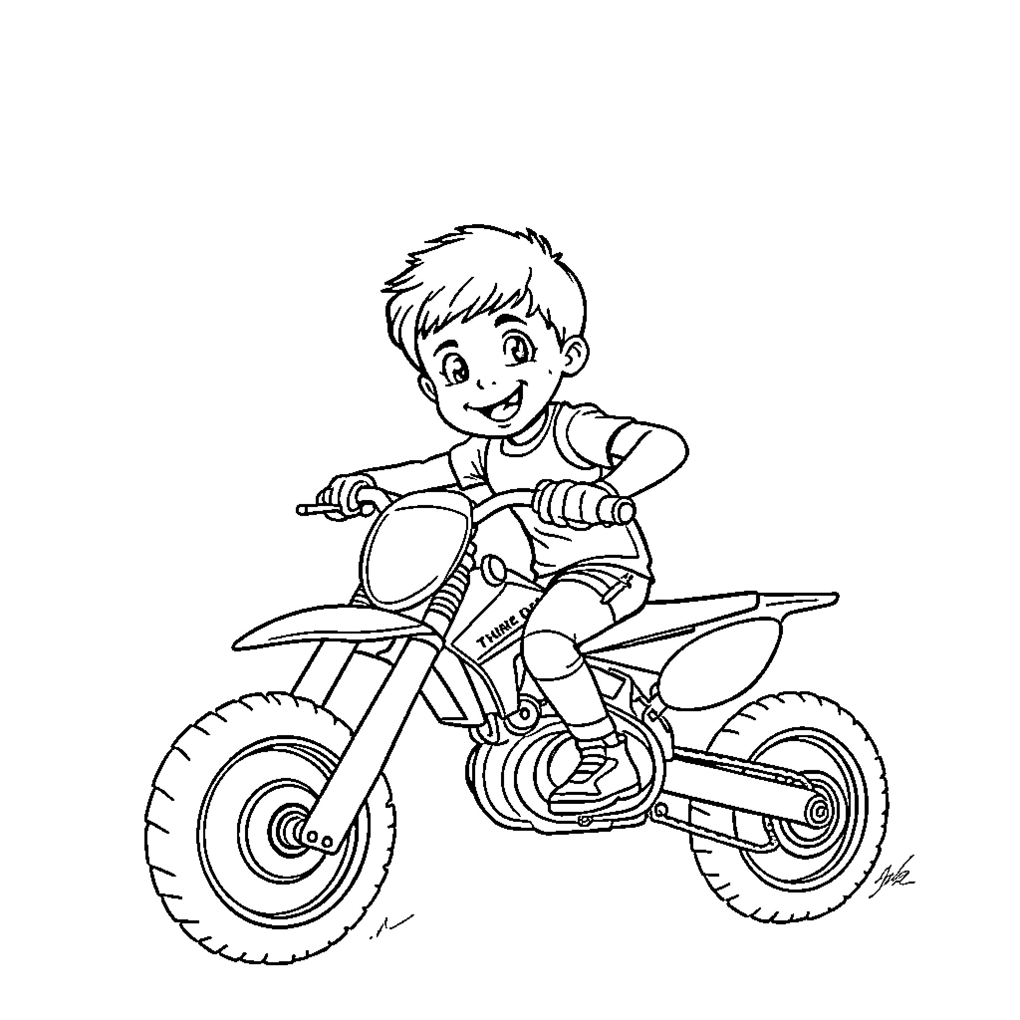 Child riding a motocross bike with excitement Coloring Page (free black-and-white line drawing printable PDF for all, from beginners to advanced learners, including children, teens, adults, and seniors)