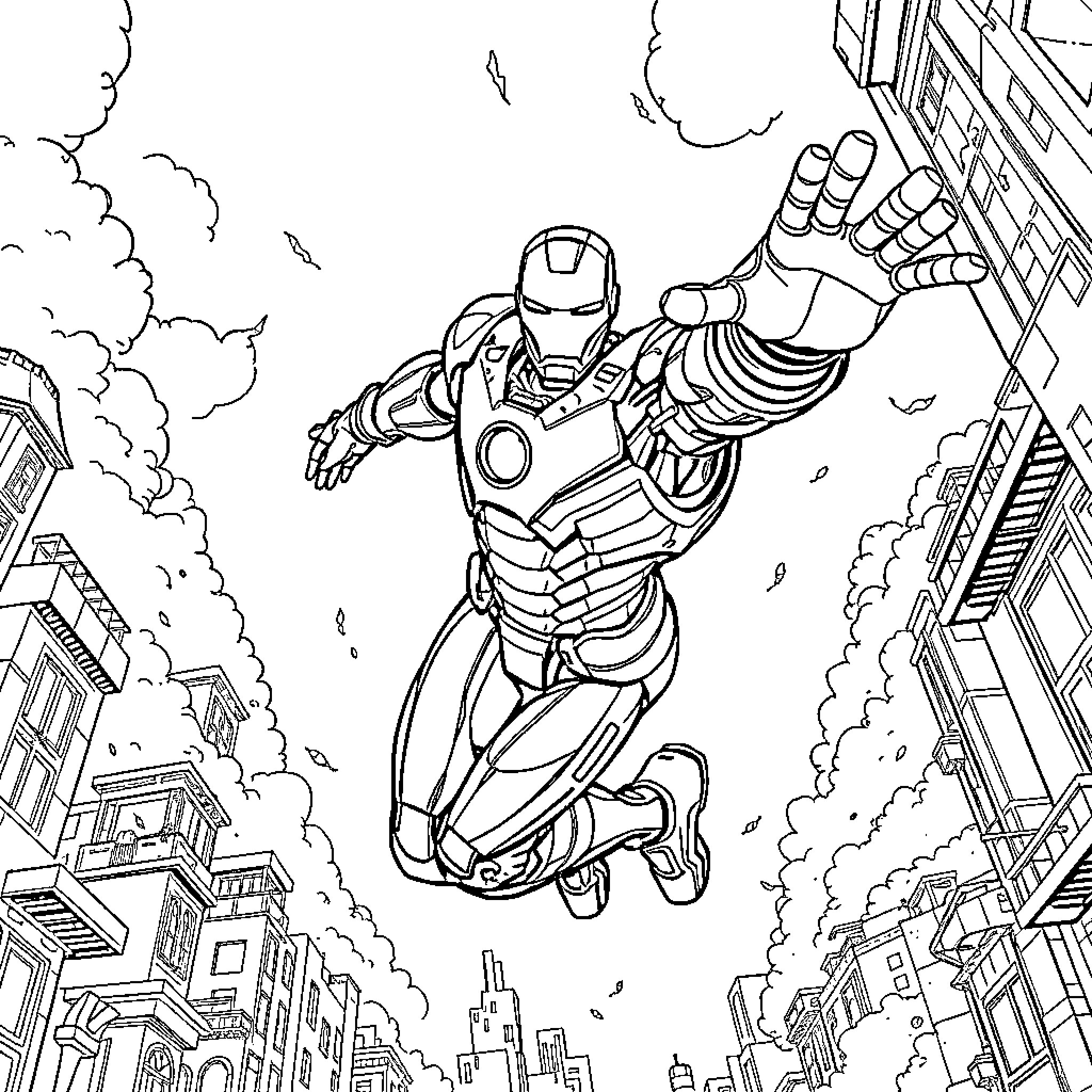 Ironman heroically soaring through the city skyline Coloring Page (free black-and-white line drawing printable PDF for all, from beginners to advanced learners, including children, teens, adults, and seniors)