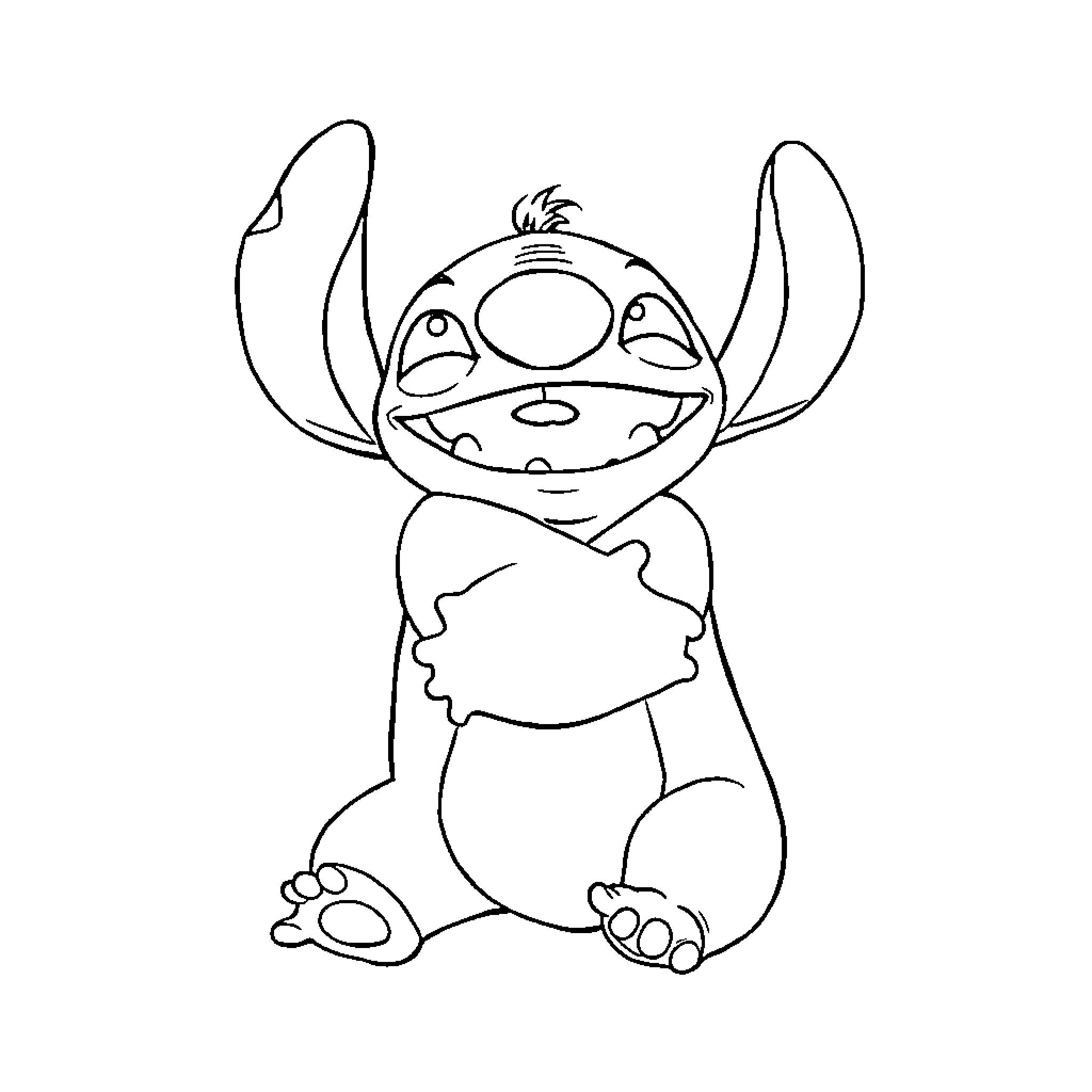 Stitch sitting happily with big smile Coloring Page (free black-and-white line drawing printable PDF for all, from beginners to advanced learners, including children, teens, adults, and seniors)