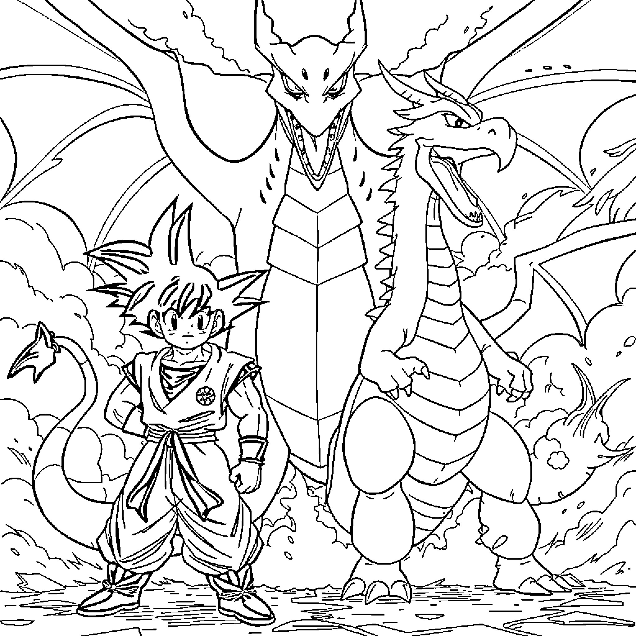 Goku and Dragon Battling in Dramatic Scene Coloring Page (free black-and-white line drawing printable PDF for all, from beginners to advanced learners, including children, teens, adults, and seniors)