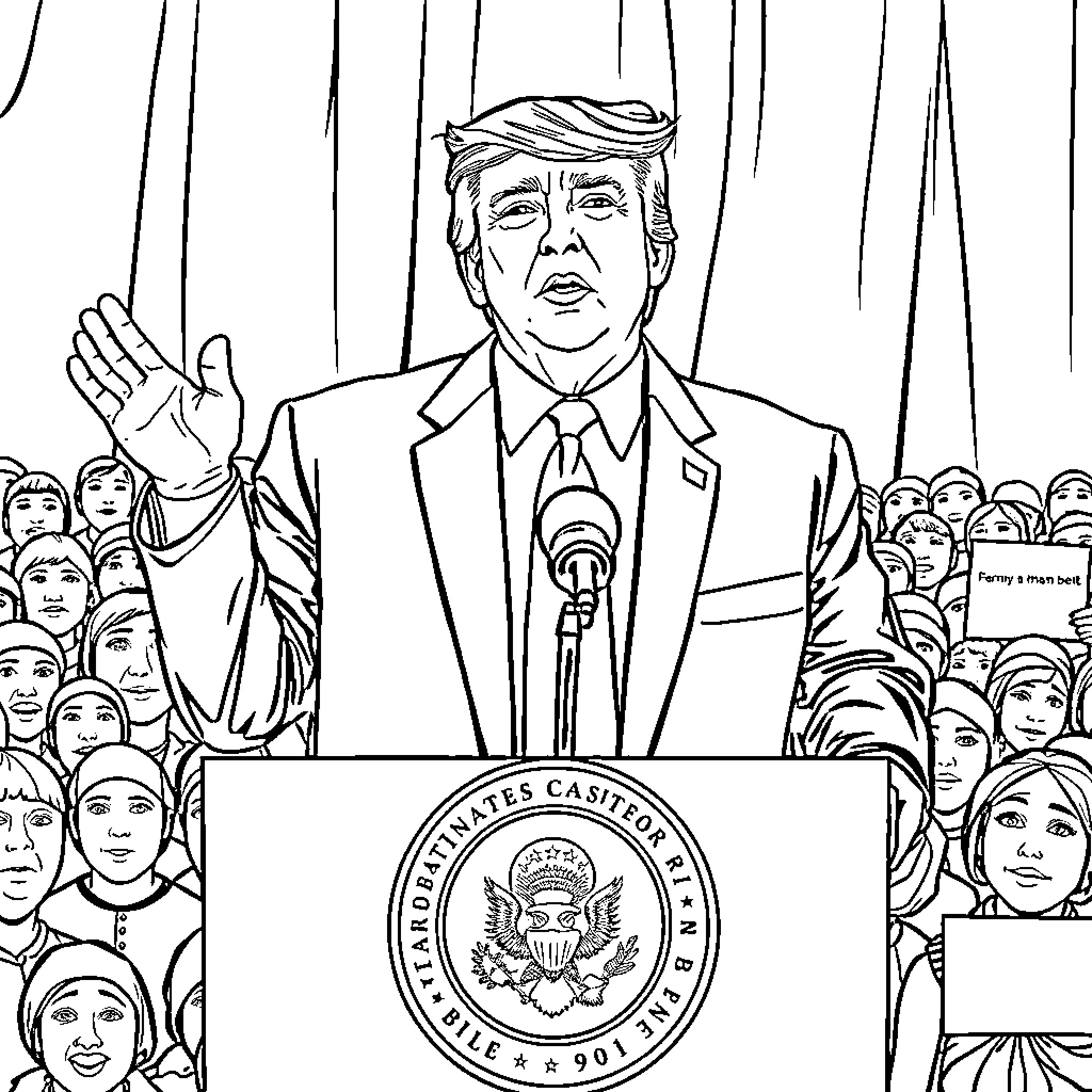 Trump Speaking to Crowd at Podium with Seal Coloring Page (free black-and-white line drawing printable PDF for all, from beginners to advanced learners, including children, teens, adults, and seniors)