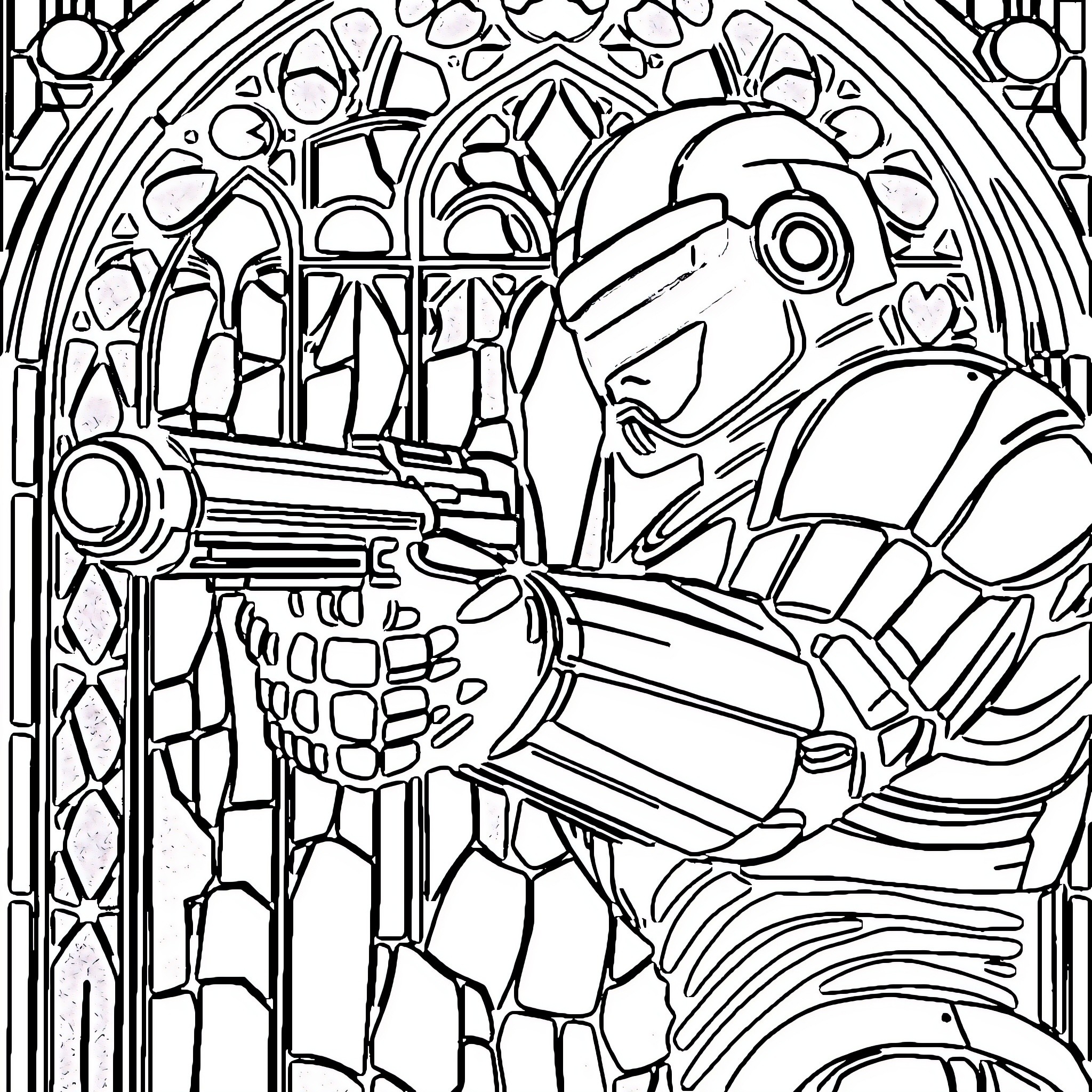 Robocop standing guard in an ornate setting Coloring Page (free black-and-white line drawing printable PDF for all, from beginners to advanced learners, including children, teens, adults, and seniors)