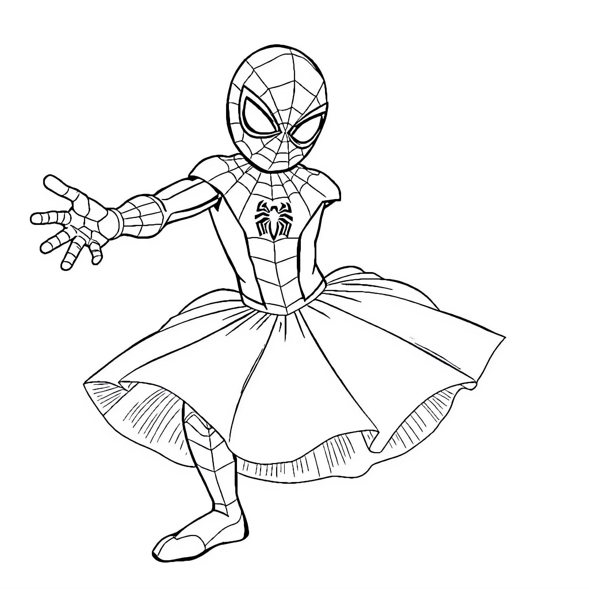 Spiderman dancing in a dress Coloring Page (free black-and-white line drawing printable PDF for all, from beginners to advanced learners, including children, teens, adults, and seniors)