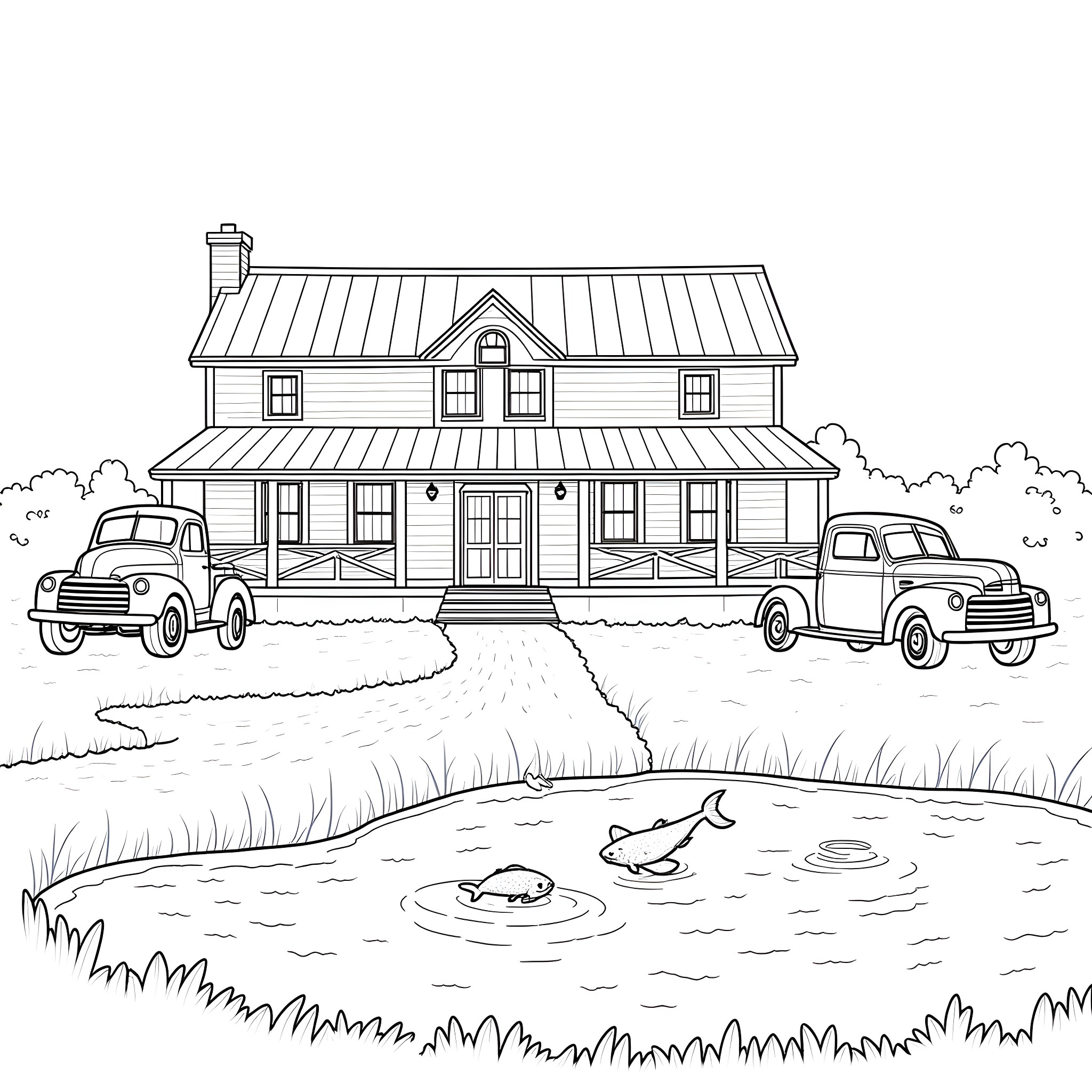 Farmhouse with Vintage Trucks and Pond Coloring Page (free black-and-white line drawing printable PDF for all, from beginners to advanced learners, including children, teens, adults, and seniors)