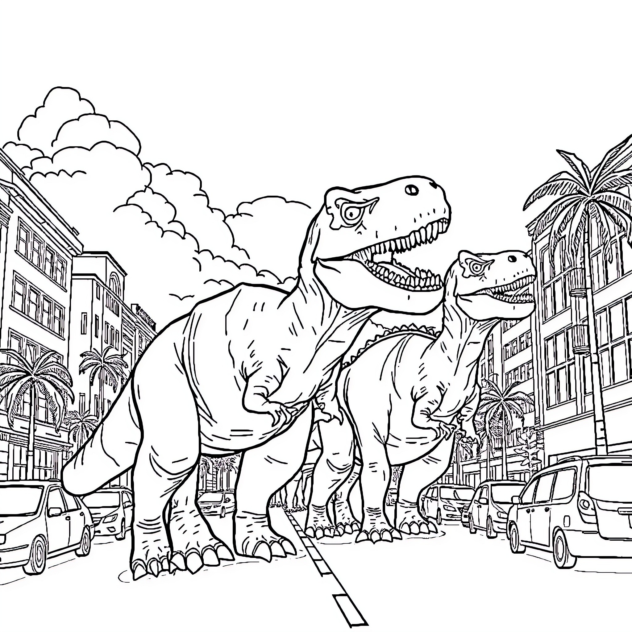 Dinosaurs Roam the City Streets Coloring Page (free black-and-white line drawing printable PDF for all, from beginners to advanced learners, including children, teens, adults, and seniors)