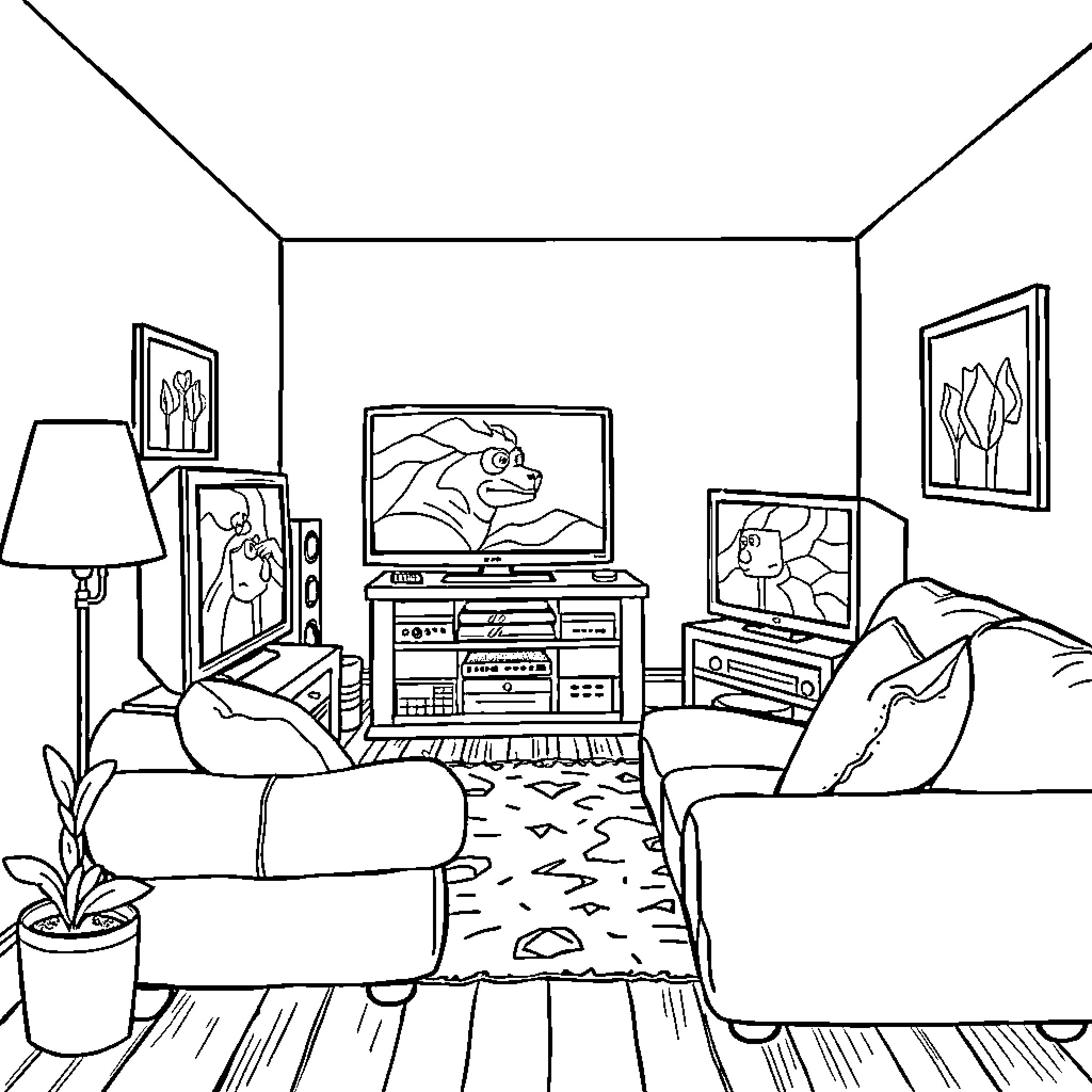 TV Playing in Cozy Living Room Coloring Page (free black-and-white line drawing printable PDF for all, from beginners to advanced learners, including children, teens, adults, and seniors)