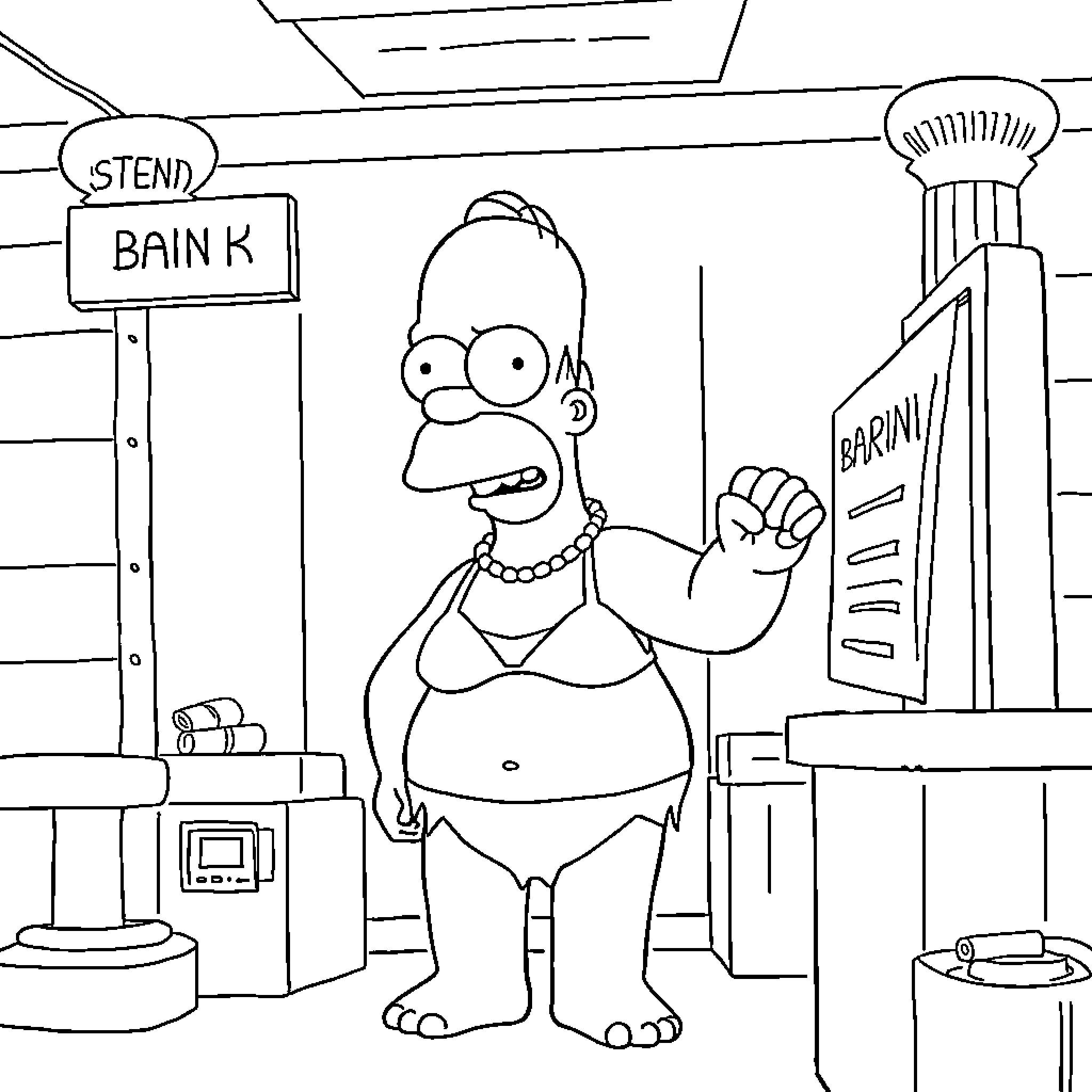 Homer Simpson at the bank contemplating withdrawal Coloring Page (free black-and-white line drawing printable PDF for all, from beginners to advanced learners, including children, teens, adults, and seniors)