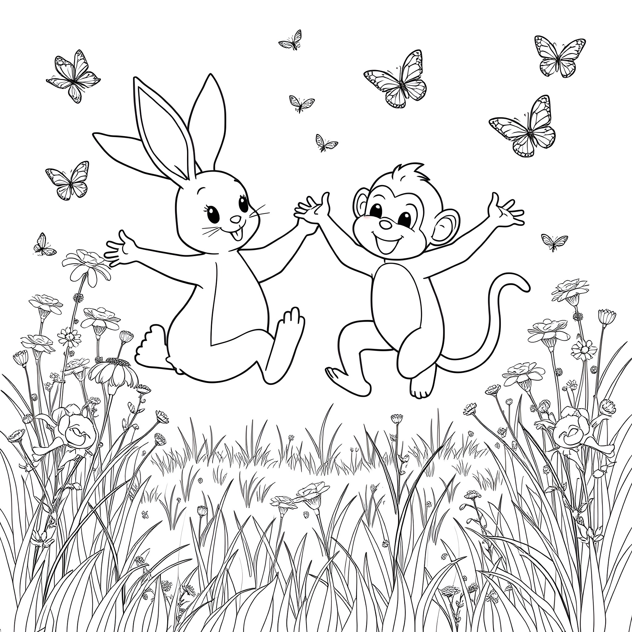 Bunny and Monkey Playing Happily in the Meadow Coloring Page (free black-and-white line drawing printable PDF for all, from beginners to advanced learners, including children, teens, adults, and seniors)