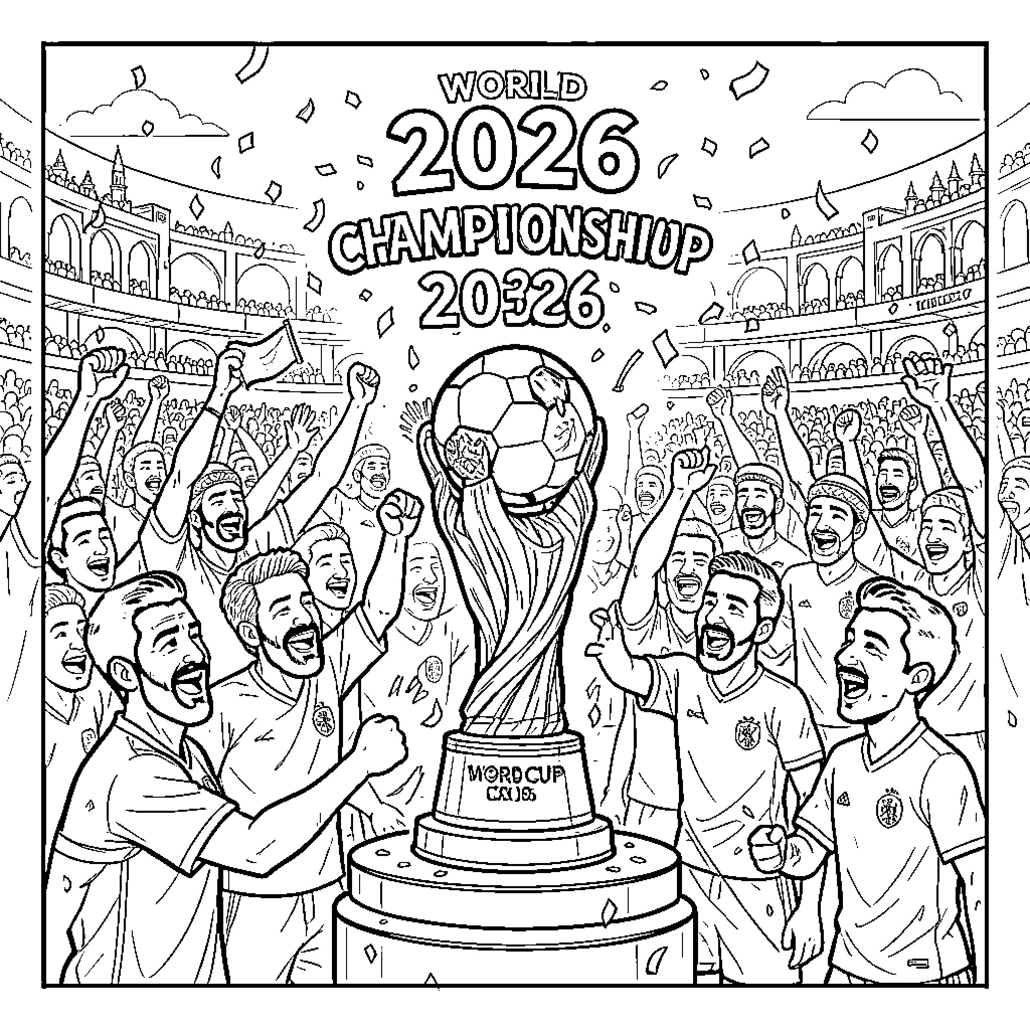Morocco fans celebrating a World Cup championship victory Coloring Page (free black-and-white line drawing printable PDF for all, from beginners to advanced learners, including children, teens, adults, and seniors)