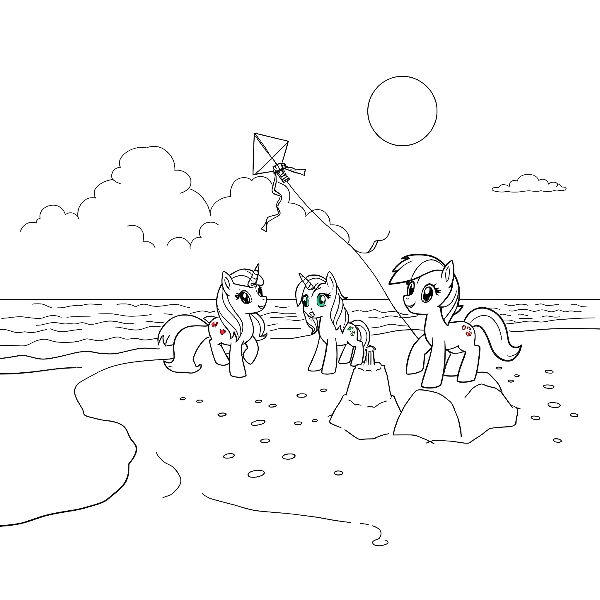 Brony characters enjoying a day at the beach Coloring Page (free black-and-white line drawing printable PDF for all, from beginners to advanced learners, including children, teens, adults, and seniors)