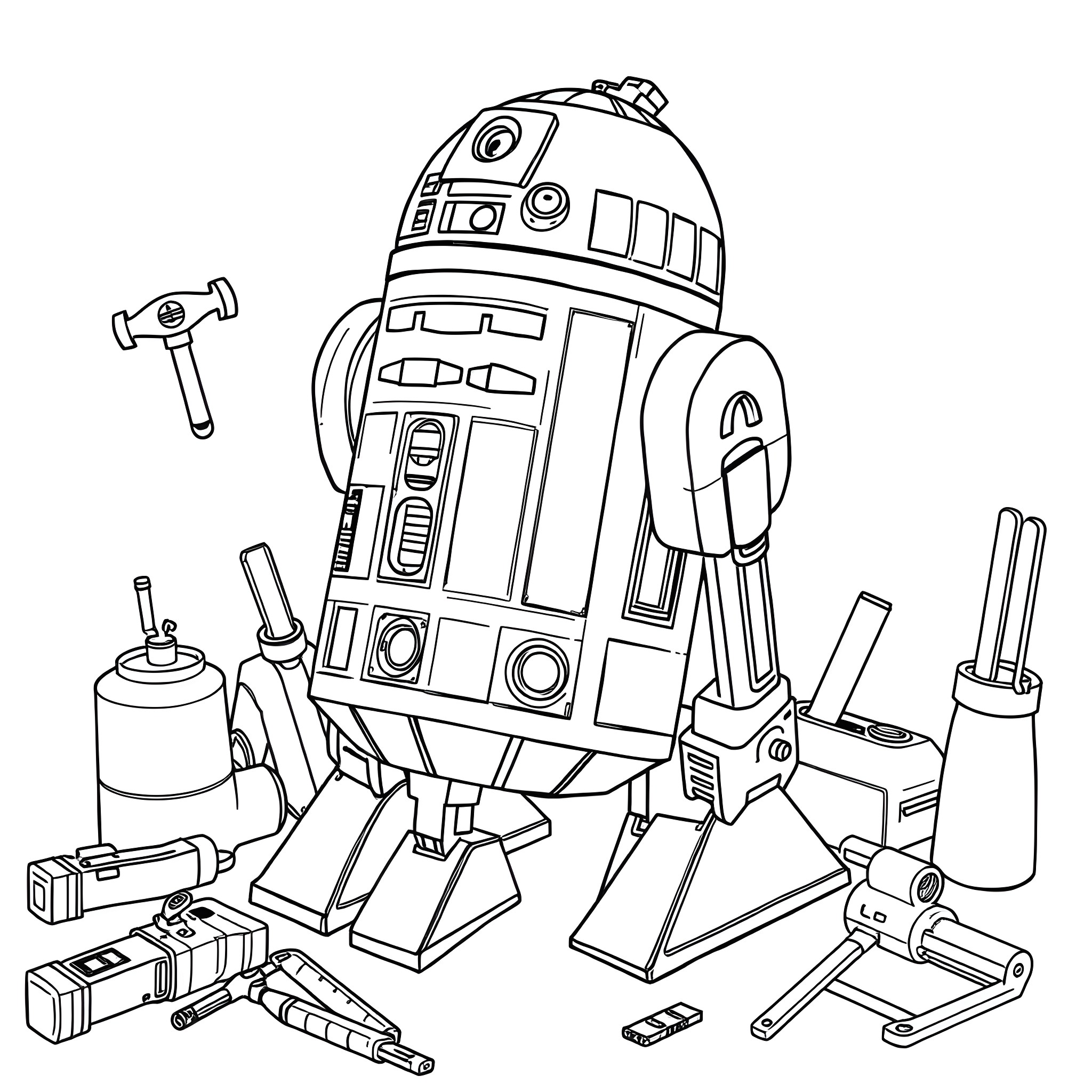 R2D2 assembling various tools and equipment Coloring Page (free black-and-white line drawing printable PDF for all, from beginners to advanced learners, including children, teens, adults, and seniors)