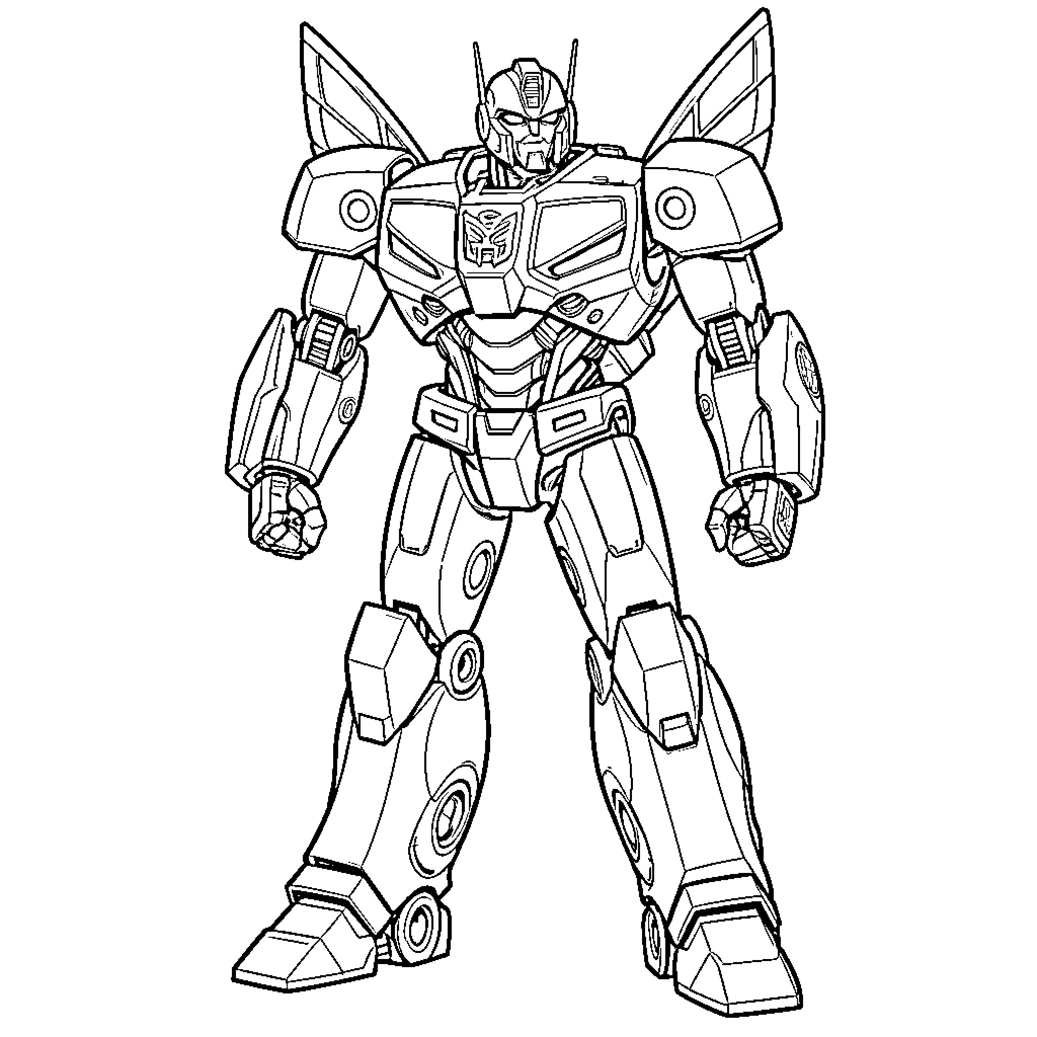 Bumblebee standing in a powerful heroic pose Coloring Page (free black-and-white line drawing printable PDF for all, from beginners to advanced learners, including children, teens, adults, and seniors)