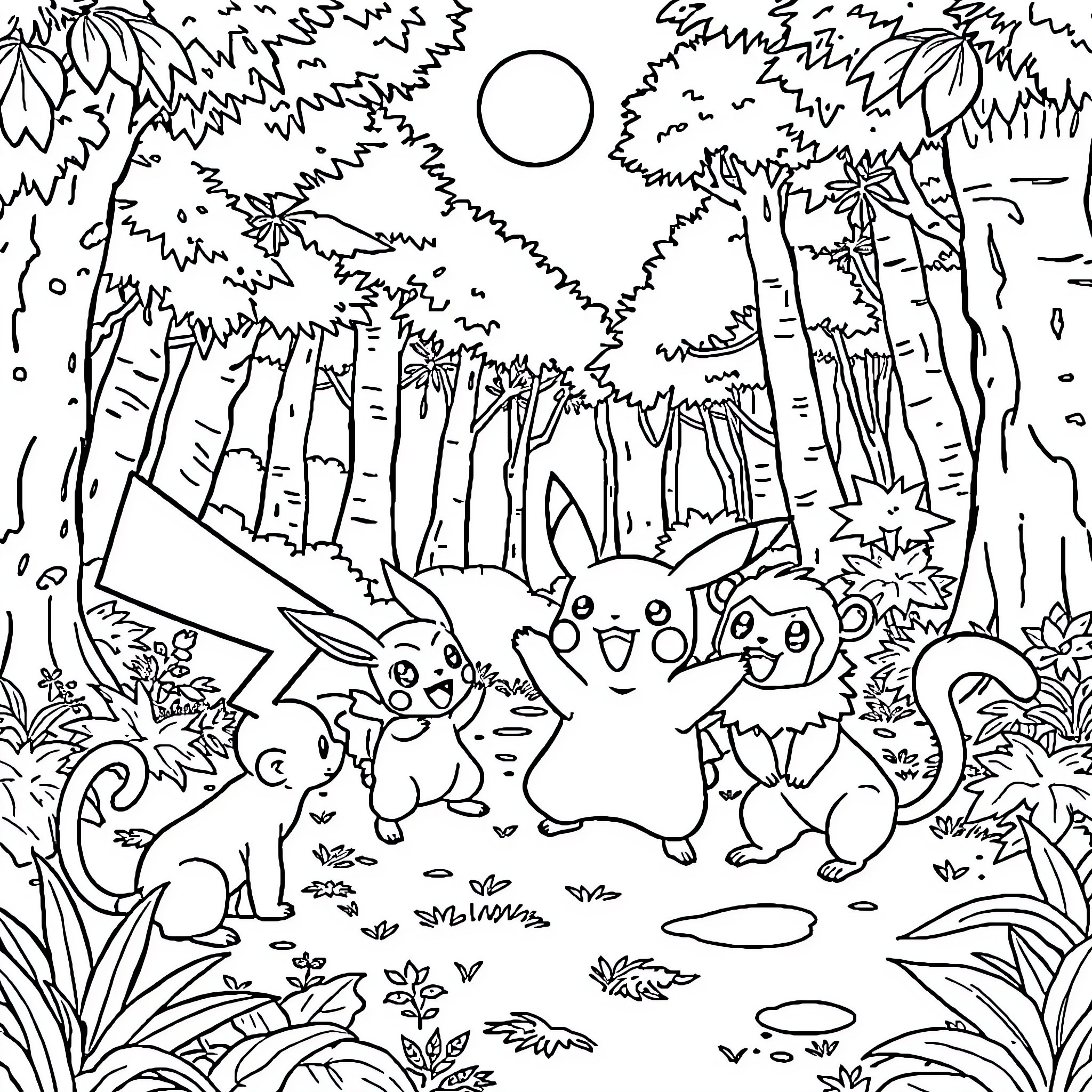 Pikachu and friends explore the enchanted forest Coloring Page (free black-and-white line drawing printable PDF for all, from beginners to advanced learners, including children, teens, adults, and seniors)