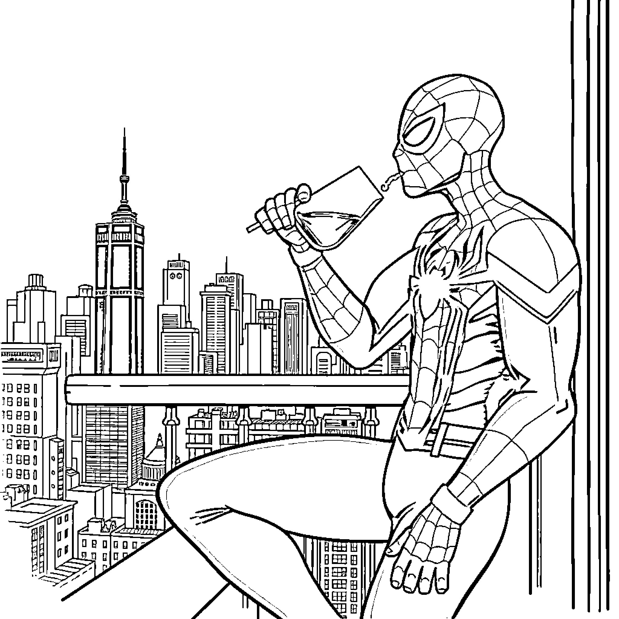 Spider-Man overlooking the city skyline Coloring Page (free black-and-white line drawing printable PDF for all, from beginners to advanced learners, including children, teens, adults, and seniors)