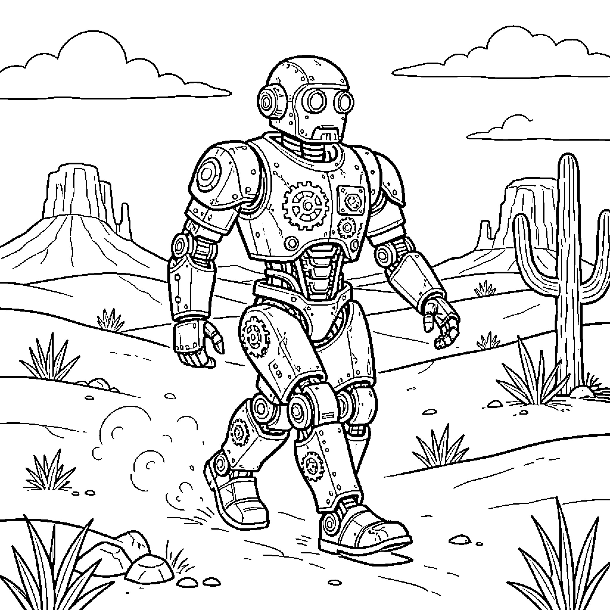 Robot walking through a desert landscape Coloring Page (free black-and-white line drawing printable PDF for all, from beginners to advanced learners, including children, teens, adults, and seniors)