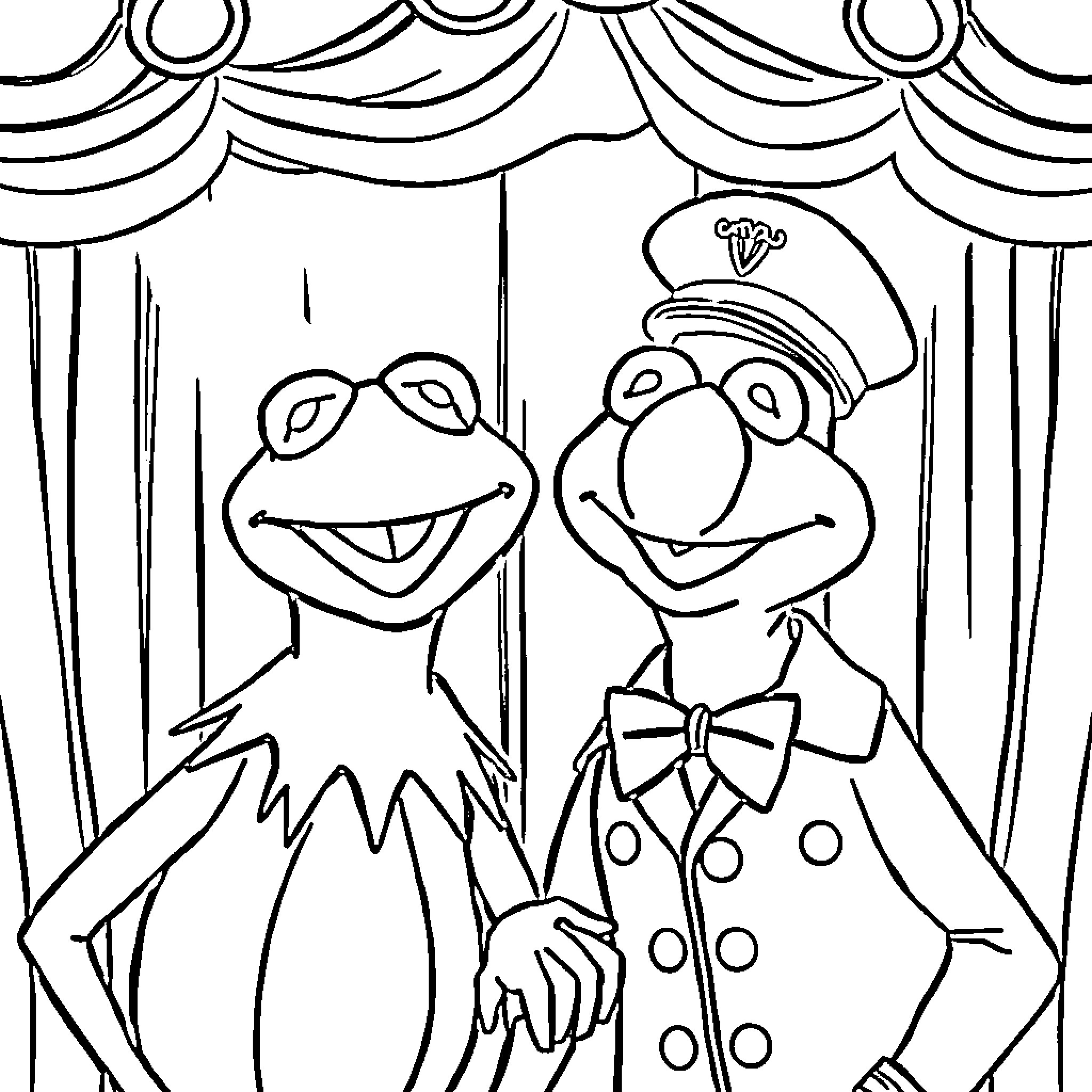 Kermit and Fozzie Bear in a theatrical performance Coloring Page (free black-and-white line drawing printable PDF for all, from beginners to advanced learners, including children, teens, adults, and seniors)