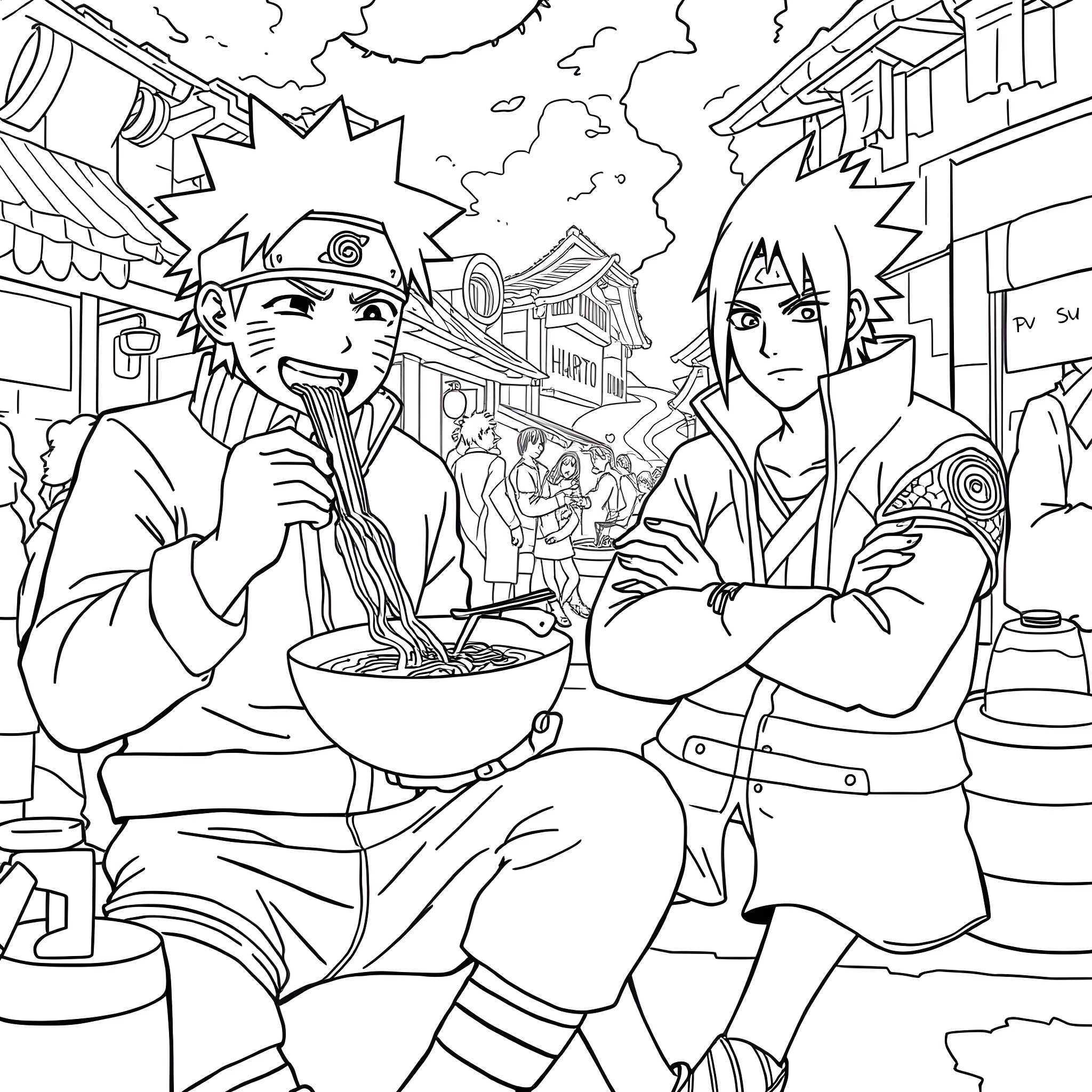 Naruto and Sasuke enjoying ramen in the village Coloring Page (free black-and-white line drawing printable PDF for all, from beginners to advanced learners, including children, teens, adults, and seniors)