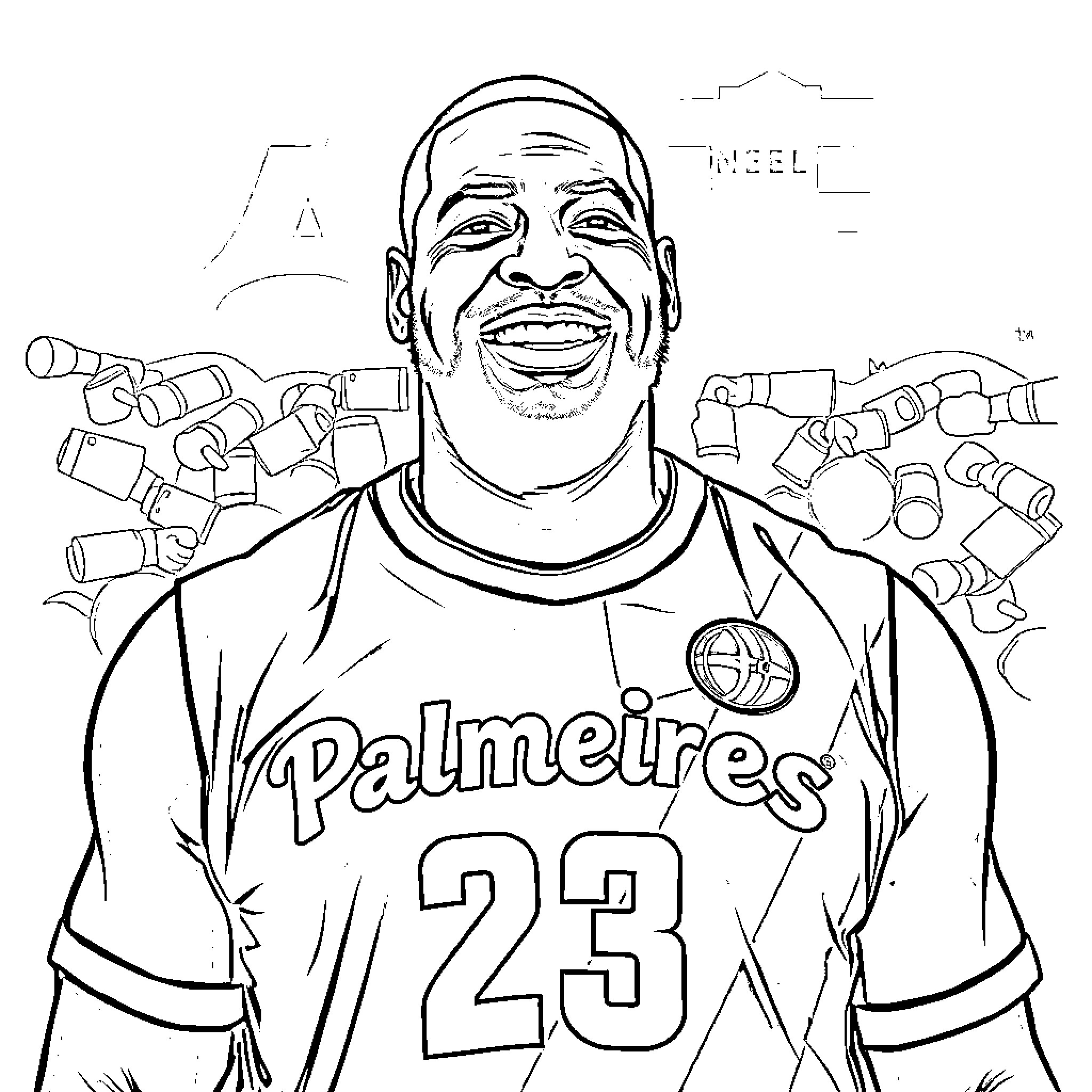 Shaquille O'Neal in Palmeiras jersey with equipment Coloring Page (free black-and-white line drawing printable PDF for all, from beginners to advanced learners, including children, teens, adults, and seniors)