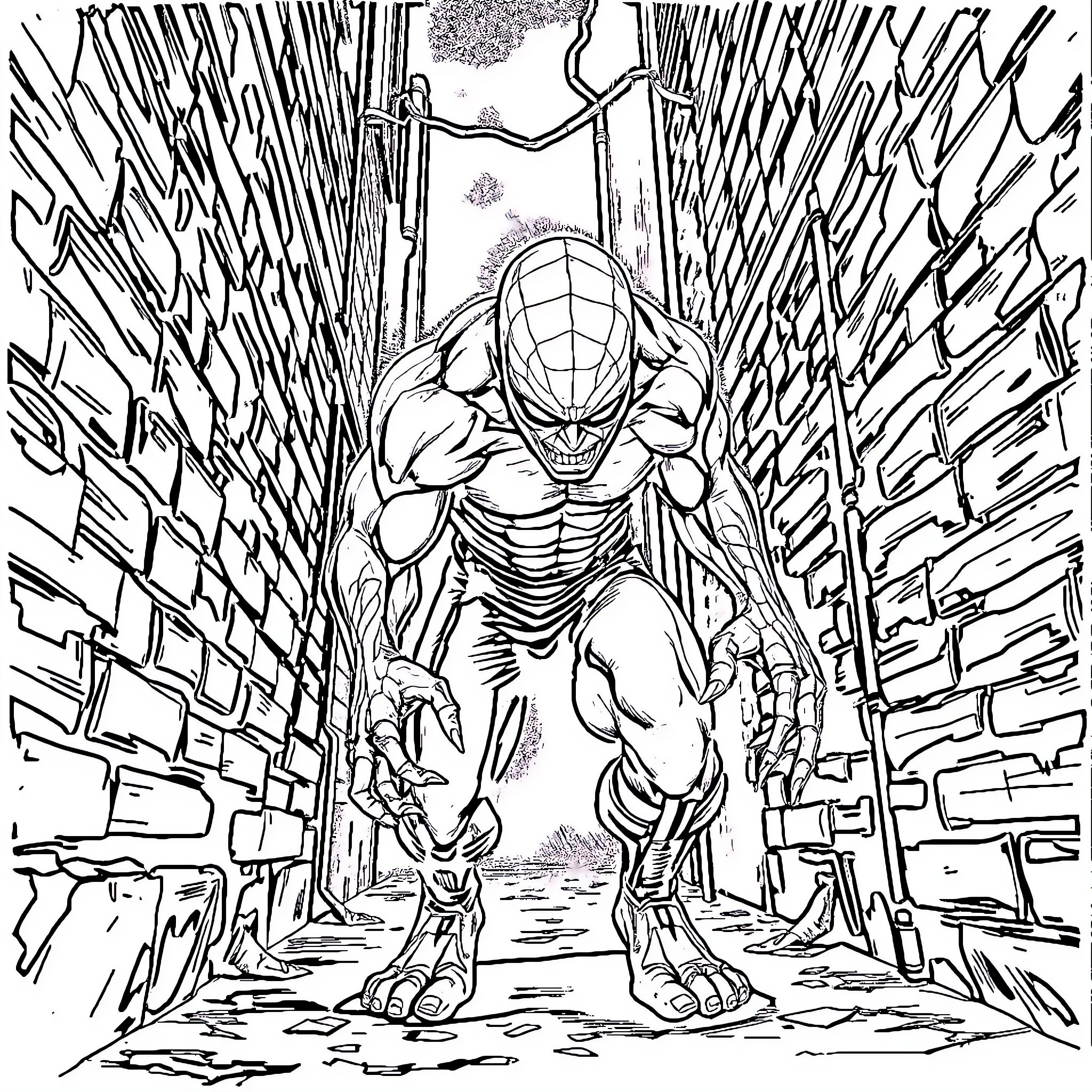 Nightcrawler Navigating Chaotic Urban Landscape Coloring Page (free black-and-white line drawing printable PDF for all, from beginners to advanced learners, including children, teens, adults, and seniors)