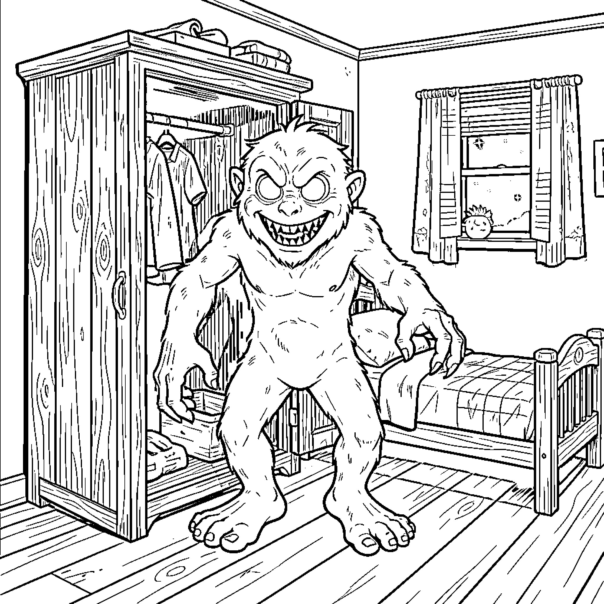 Boogeyman emerging from a wardrobe in a bedroom Coloring Page (free black-and-white line drawing printable PDF for all, from beginners to advanced learners, including children, teens, adults, and seniors)