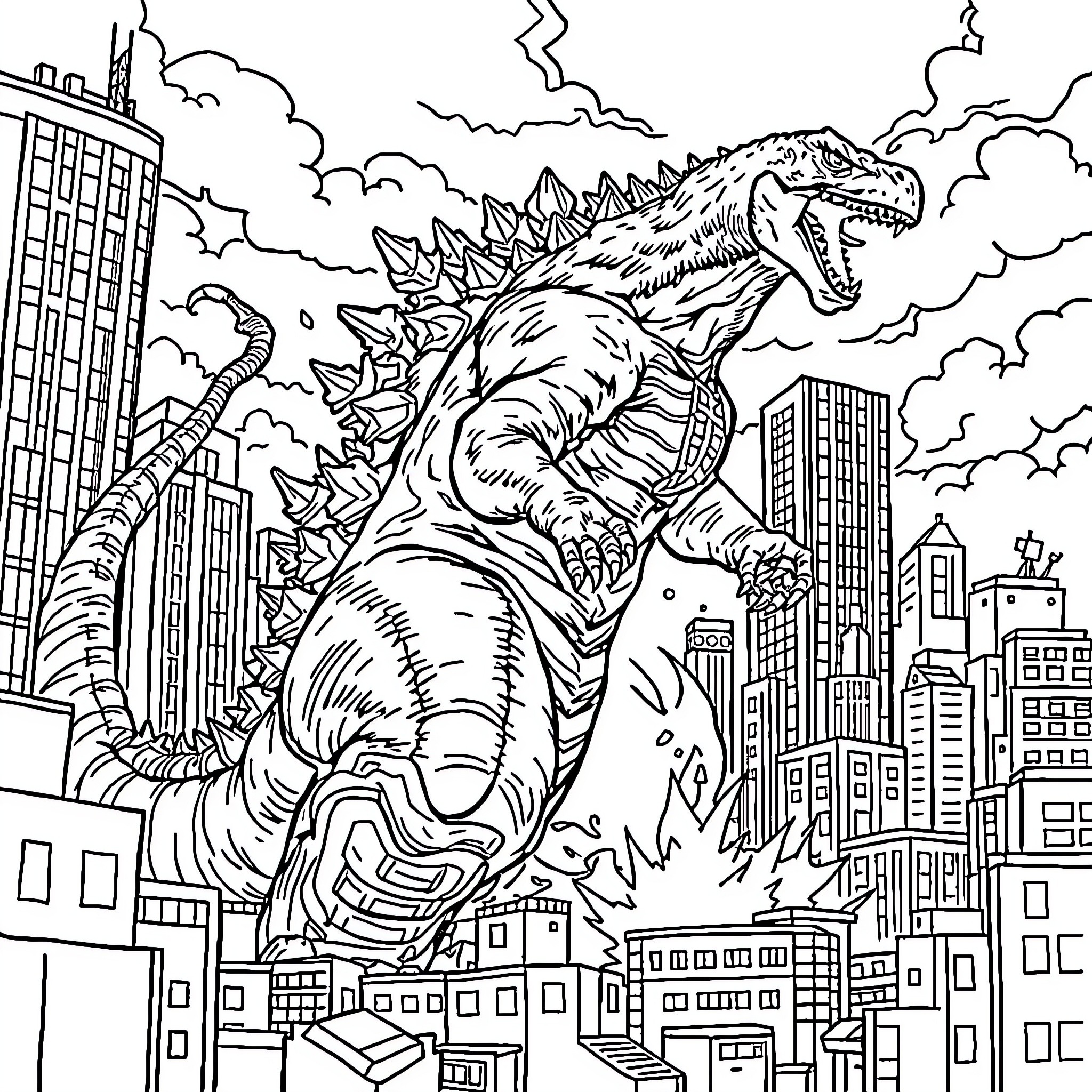 Godzilla unleashing destruction in the city Coloring Page (free black-and-white line drawing printable PDF for all, from beginners to advanced learners, including children, teens, adults, and seniors)