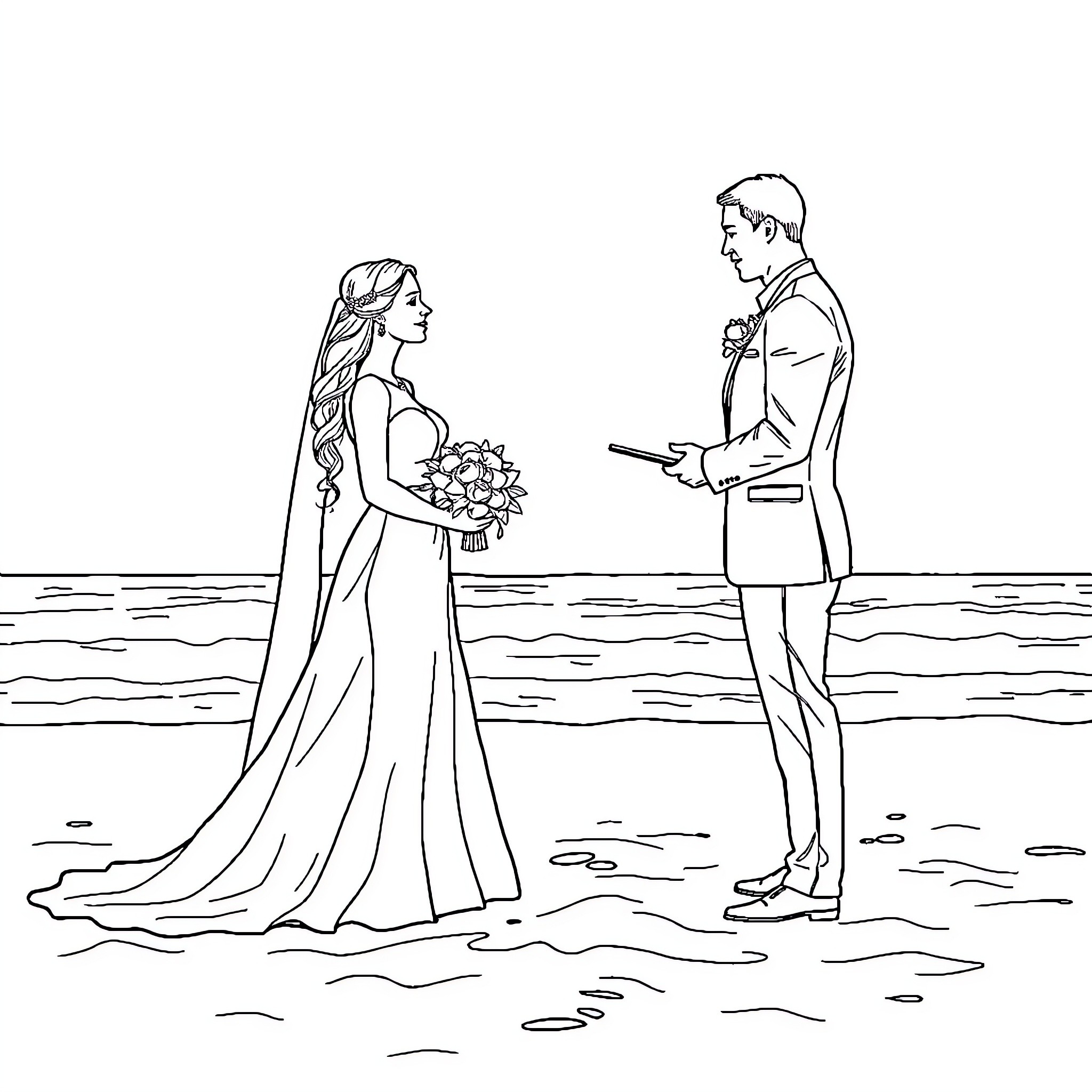 Bride and Groom exchanging vows on the beach Coloring Page (free black-and-white line drawing printable PDF for all, from beginners to advanced learners, including children, teens, adults, and seniors)
