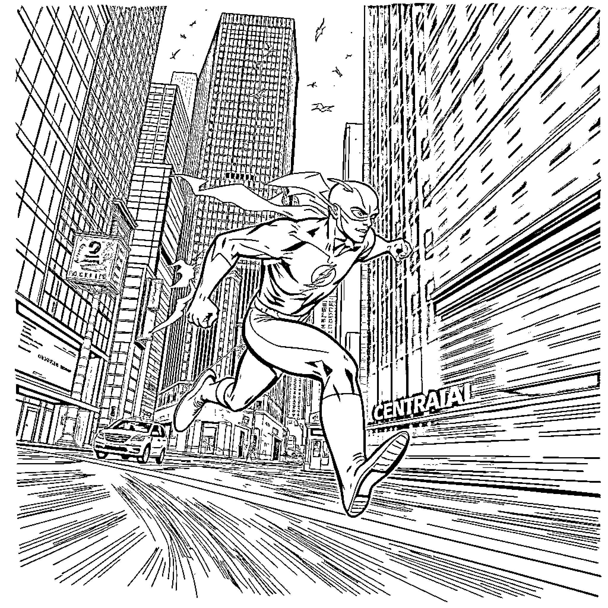Flash Soaring Through the City Skyline Coloring Page (free black-and-white line drawing printable PDF for all, from beginners to advanced learners, including children, teens, adults, and seniors)